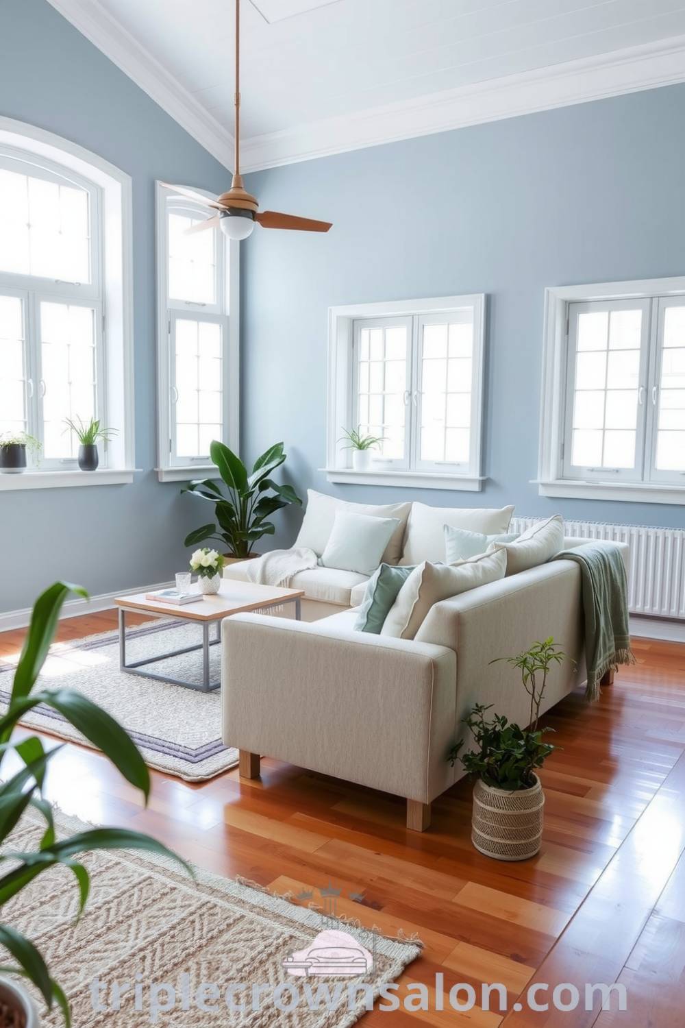 Scandinavian living room with a serene blue palette, natural wood accents, whitewashed walls, neutral-toned sofa, intricately woven rug, and potted greenery, creating a cozy aesthetic ideal for relaxation and inspiring decor ideas for your home, from triplecrownsalon.com.