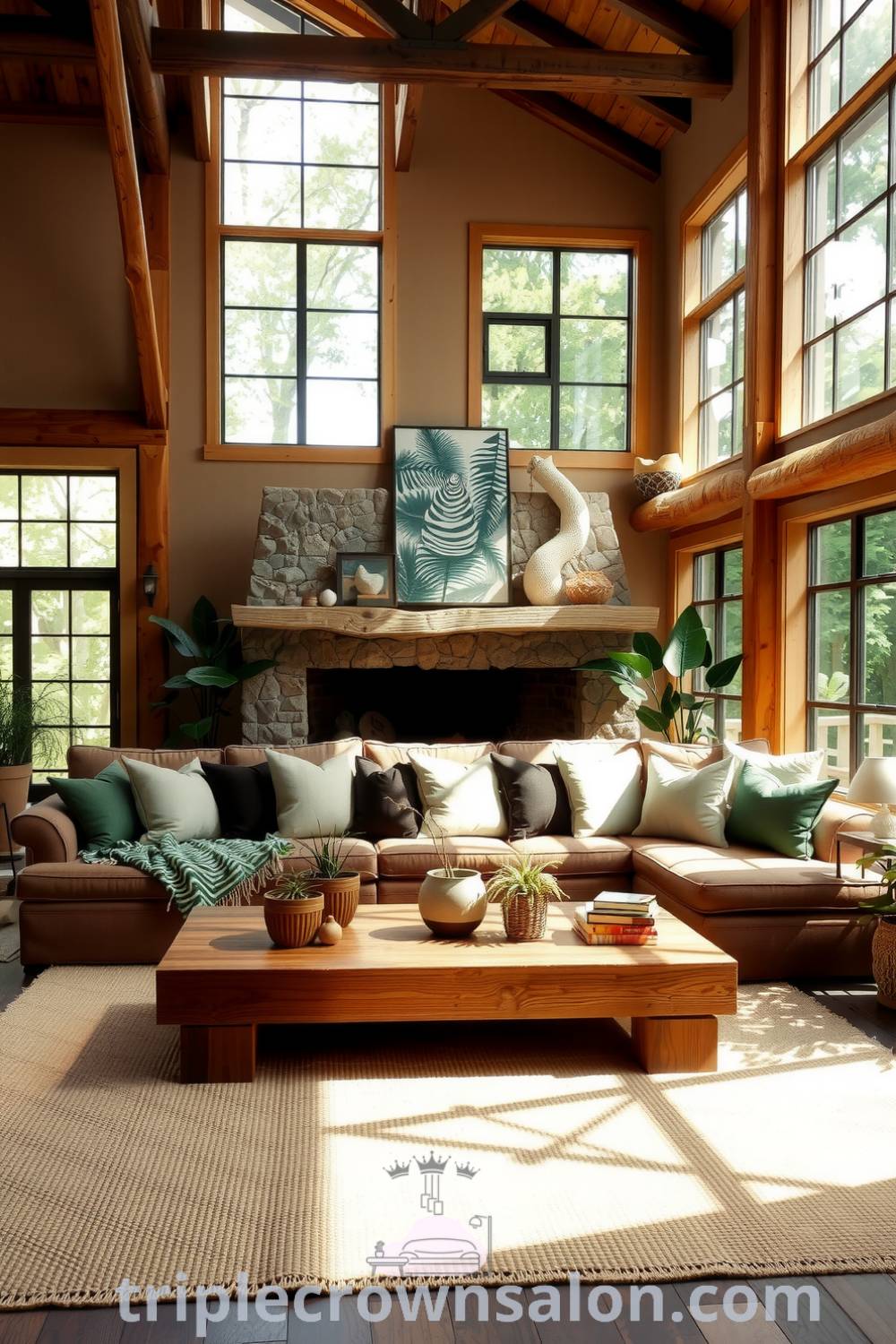 Warm, nature-inspired living room with sunlight filtering through large windows, exposed wooden beams, a stone feature wall, oversized sofa with leafy cushions, reclaimed wooden coffee table, and surrounding potted plants. For cozy home inspirations and design ideas, visit triplecrownsalon.com.