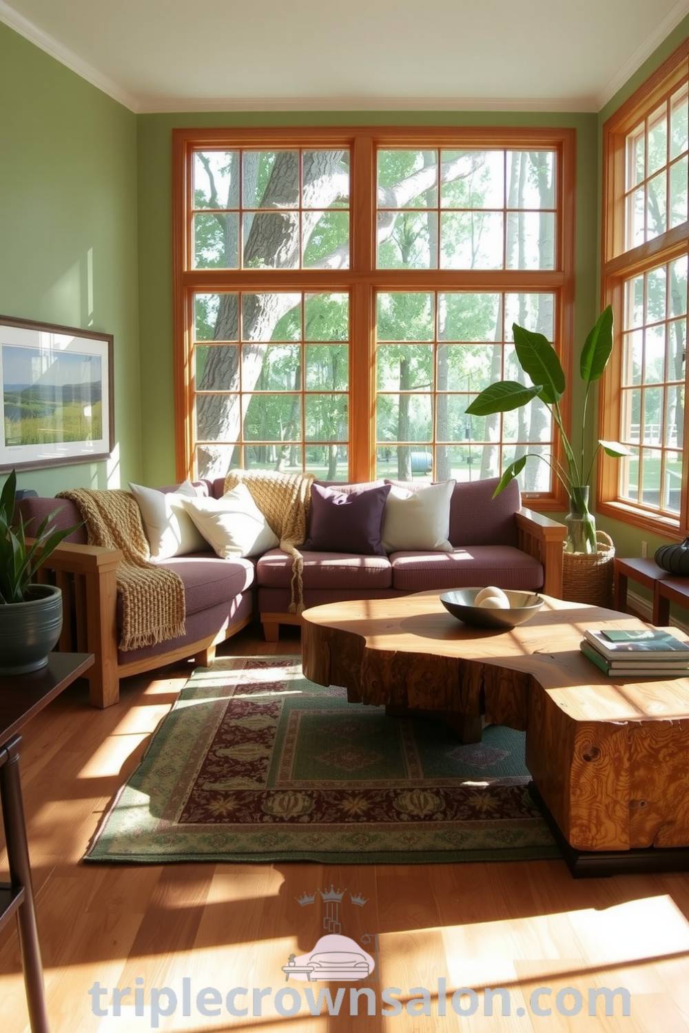 Nature-inspired living room featuring soft green tones, wooden furniture, stone accents, a plush sofa, and houseplants, creating a cozy and inviting atmosphere, perfect for inspiring design ideas for your home. Visit triplecrownsalon.com for more cozy decor ideas.
