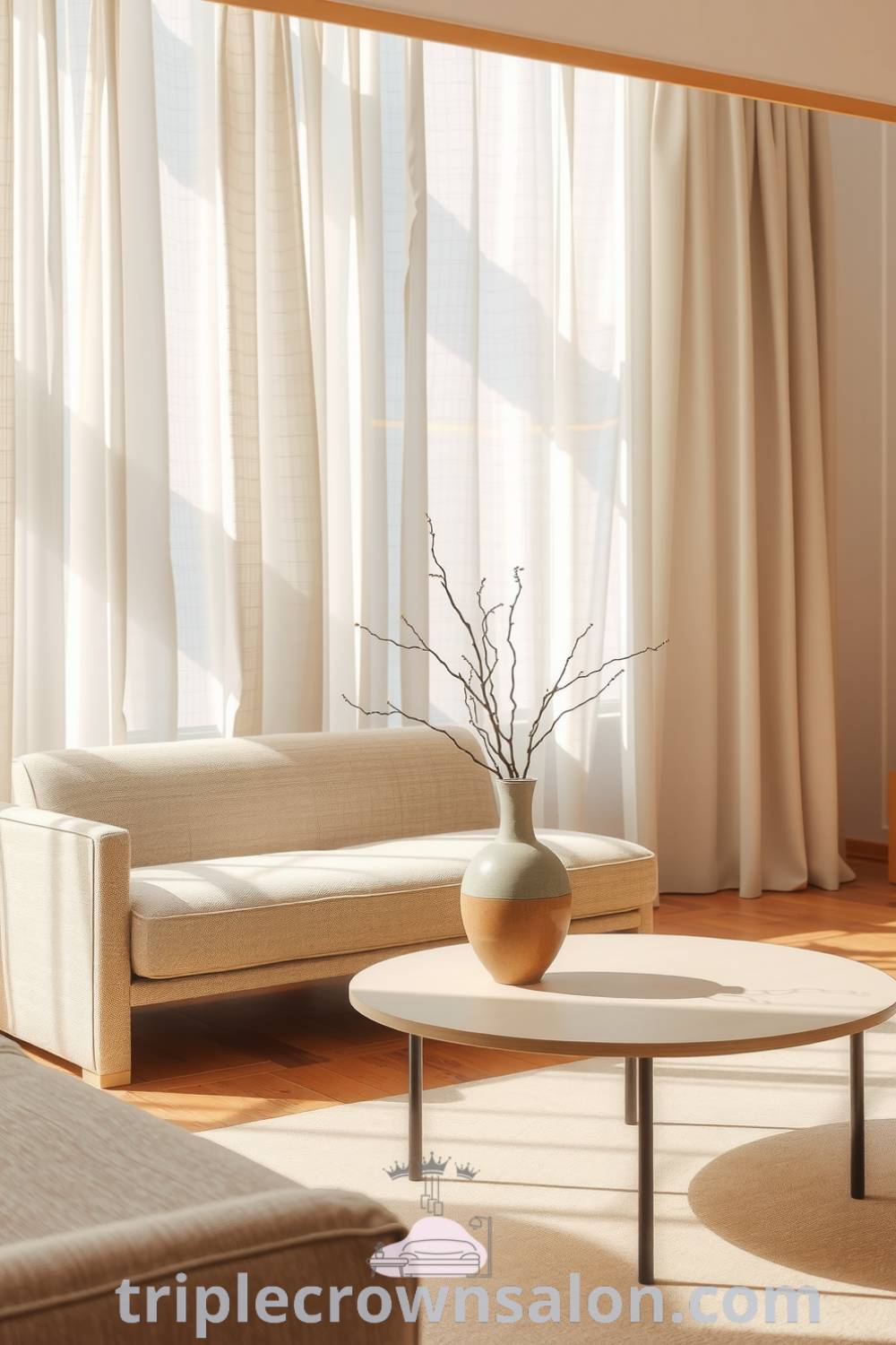 Japandi living room featuring soft beige tones, a low-profile sofa, sheer linen curtains, a warm wooden floor, and a handmade ceramic vase with delicate branches, showcasing cozy design ideas and inspirations for a calm and inviting home. Visit triplecrownsalon.com for more unique ideas.