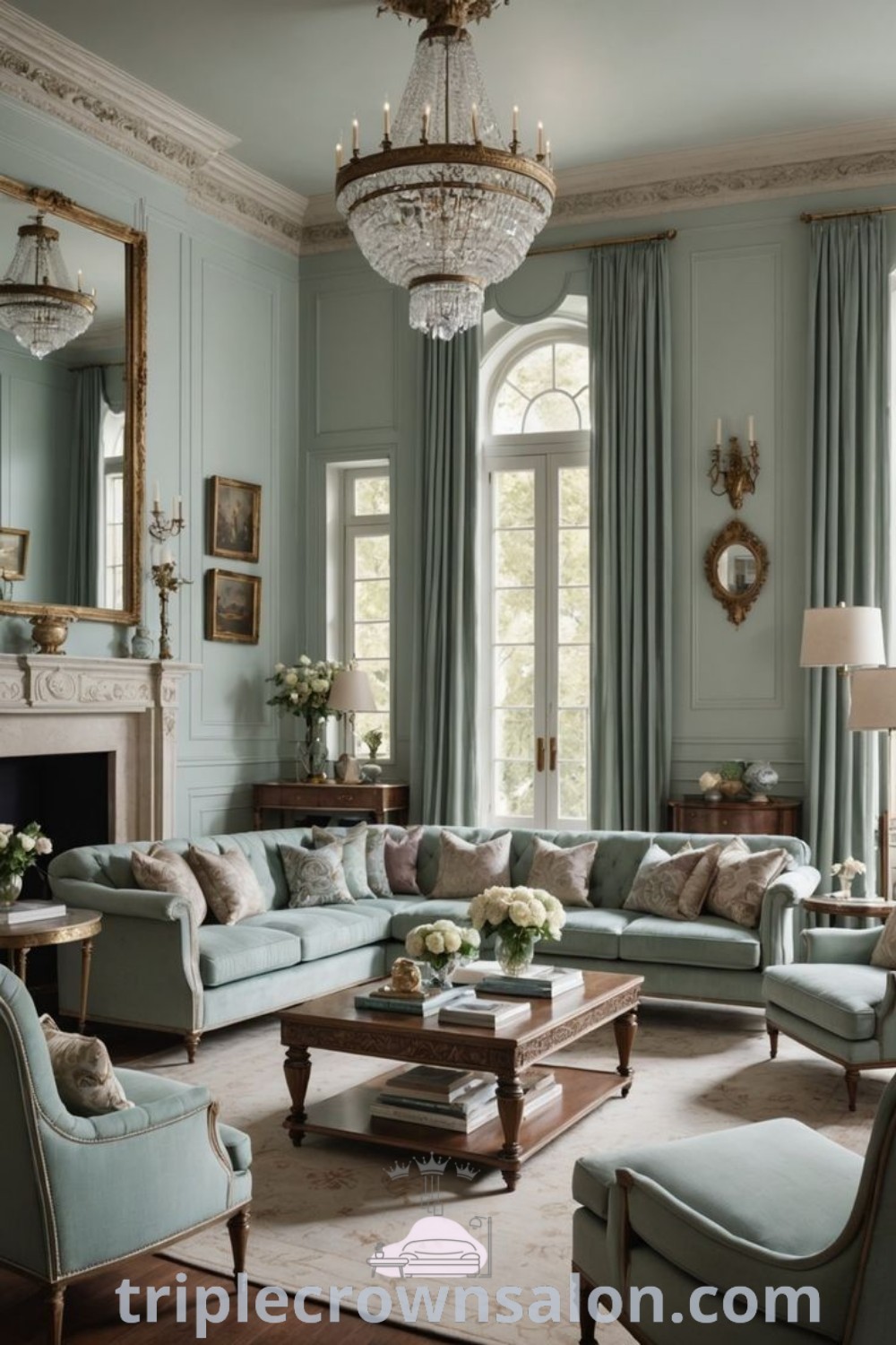 A beautifully designed Bridgerton inspired living room featuring elegant furniture, a chandelier, and a fireplace, combining traditional French country and modern boho decor ideas. This cozy aesthetic offers unique ideas for a sophisticated home. Explore more design trends at triplecrownsalon.com.
