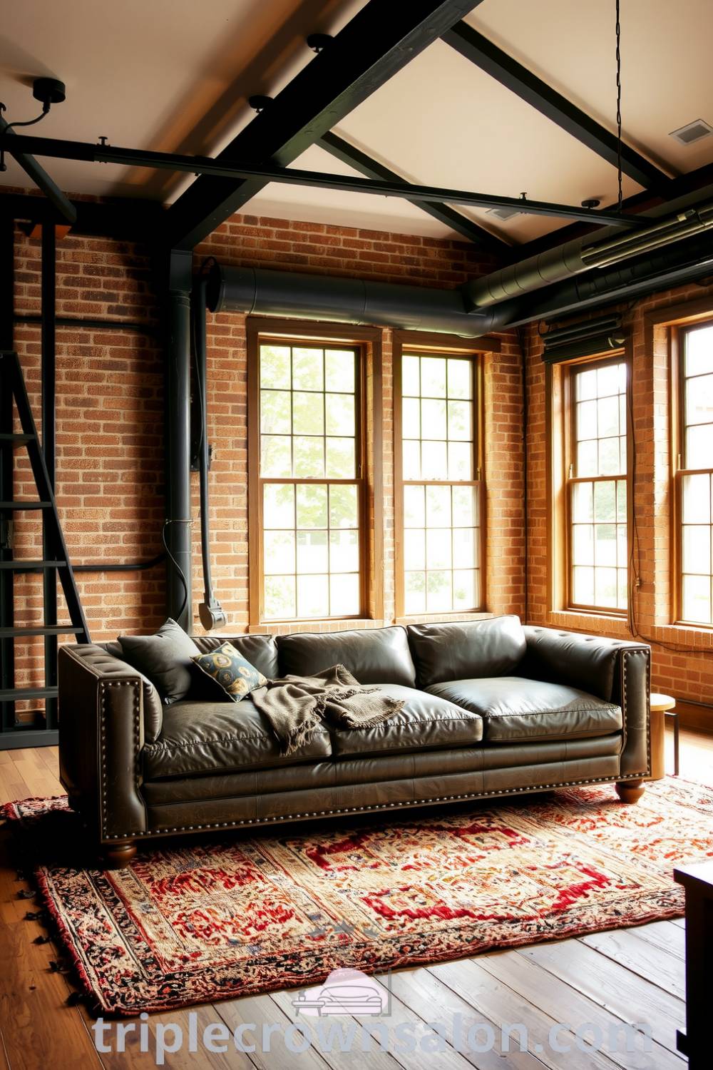 Cozy industrial living room featuring black metal accents, natural wood textures, exposed brick walls, large windows, a plush leather couch on a textured rug, creating an inviting atmosphere, with decor ideas for small spaces at triplecrownsalon.com.
