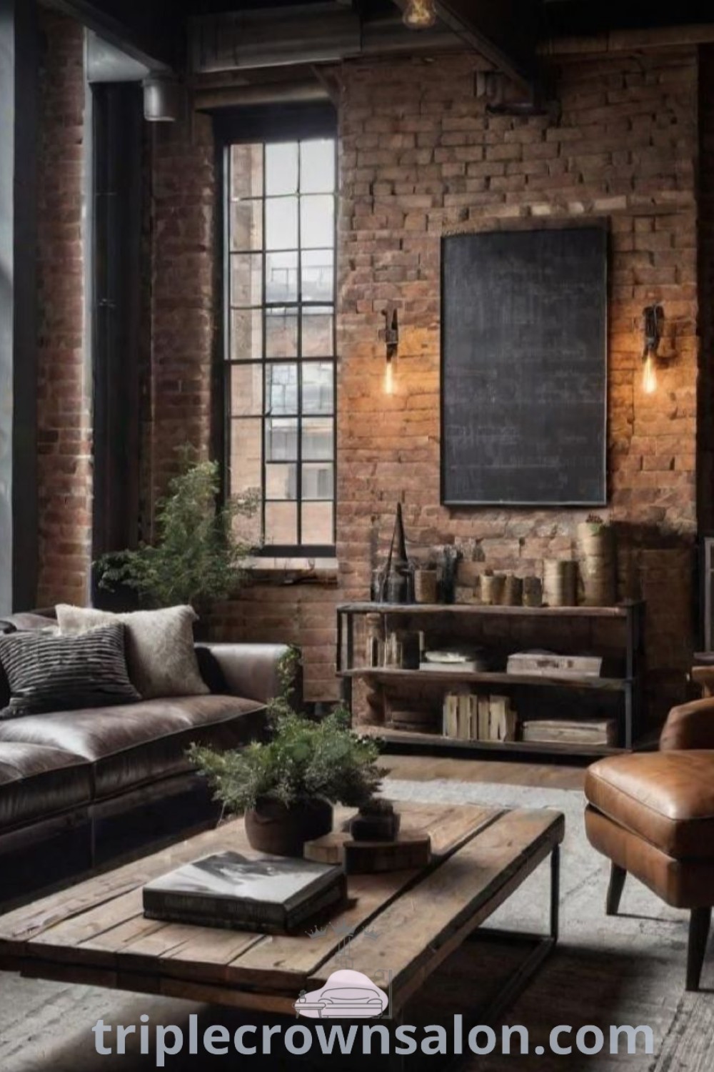 An industrial living room featuring brick walls, leather couches, a coffee table, and a bookshelf, embodying modern eclectic interior design. This cozy home showcases unique ideas for masculine living rooms and industrial boho aesthetics. Discover inspiring decor ideas at triplecrownsalon.com.
