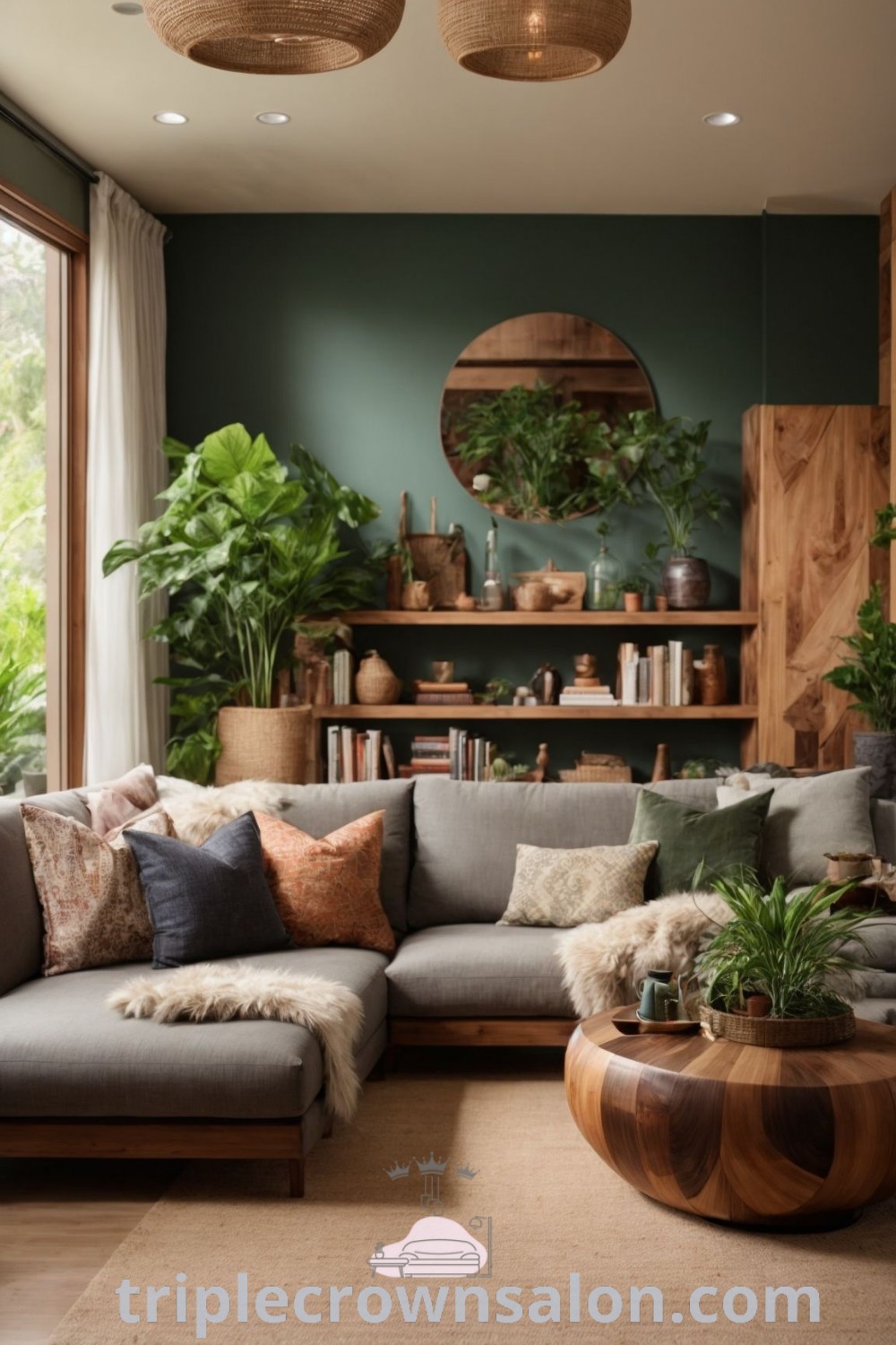 A cozy earth tone living room featuring a tan couch, green walls, and an array of indoor plants, showcasing unique decor ideas that blend comfort and style. This inviting space offers inspirations for stylish design trends and ideas for your home. Explore more decor ideas at triplecrownsalon.com.