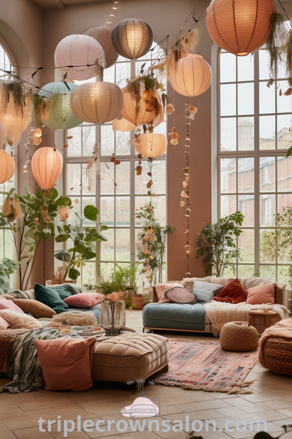 A cozy garden living room filled with furniture, adorned with hanging lanterns above the windows, showcasing unique ideas for your home. This space serves as an inspiring example of decor ideas for small spaces. Find more garden living room inspirations at triplecrownsalon.com.