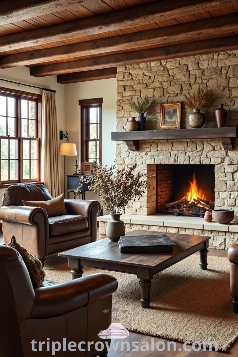 Rustic living room featuring a weathered wooden coffee table and deep leather armchairs illuminated by a stone fireplace, with handmade pottery and dried wildflowers, exemplifying cozy ideas and decor inspirations for a warm home environment at fireplacesandwoodstoves.com.