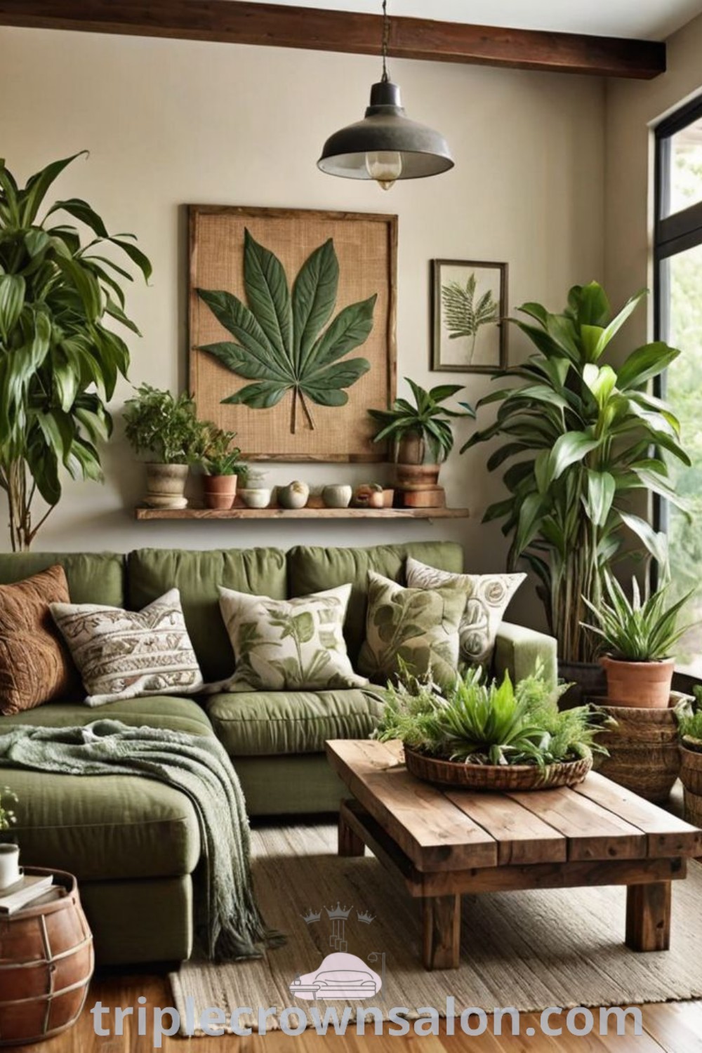 An earthy living room filled with lush plants, potted greenery on a wooden table, and warm decor elements, offering unique ideas for your home. This boho-inspired design emphasizes cozy aesthetics and inviting atmospheres. Discover more inspiring decor ideas at triplecrownsalon.com.