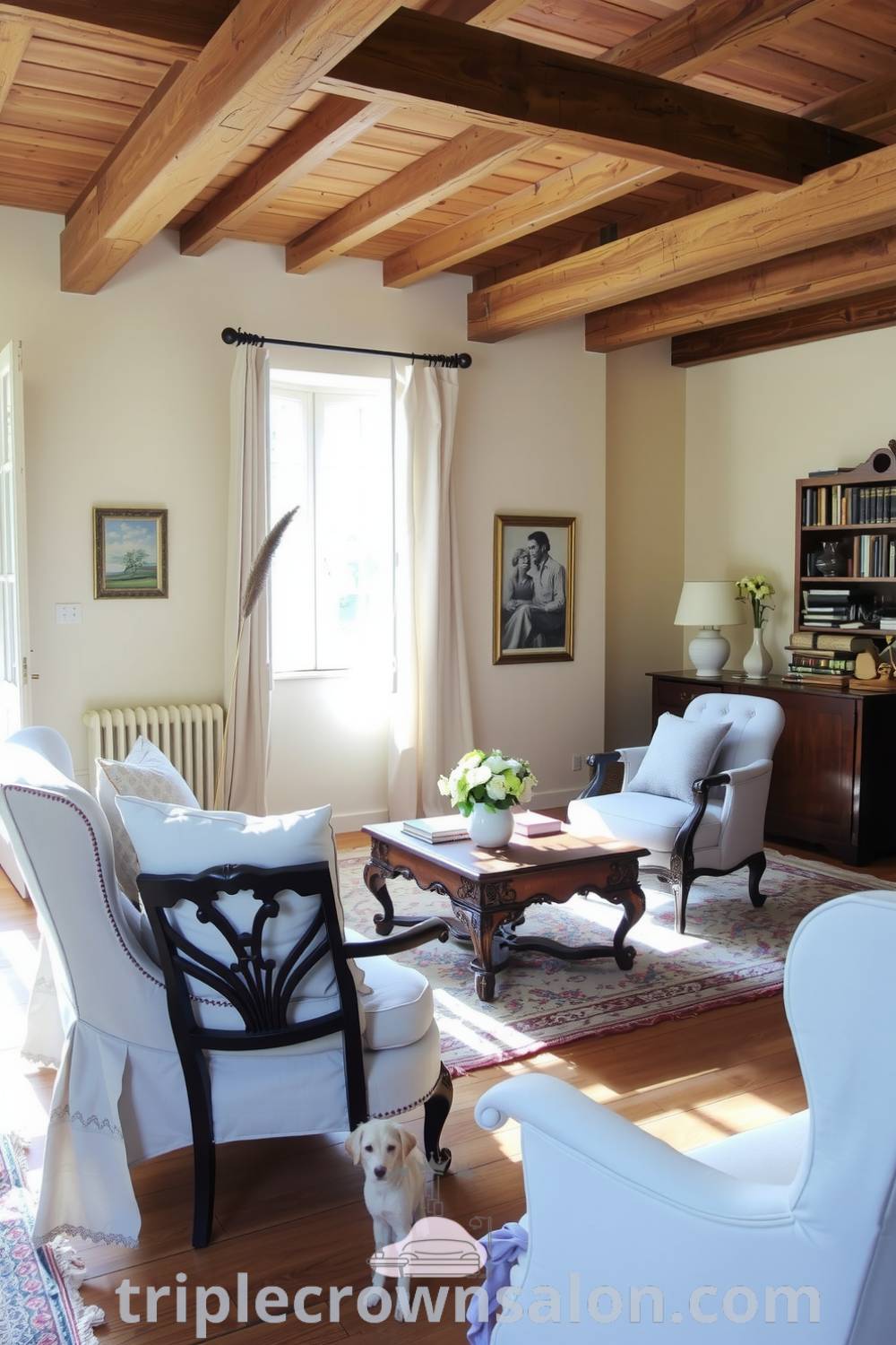Cozy French living room with cream walls, rustic wood beams, plush chaise lounge, vintage chairs, sheer curtains, and a delicate vase of fresh flowers, showcasing cozy ideas for inspiring decor in your home at triplecrownsalon.com.