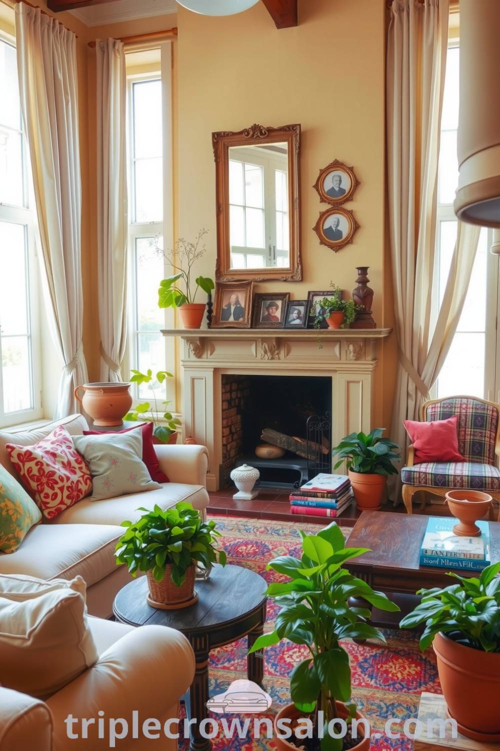 Cozy French living room with soft beige walls, a plush sofa with colorful cushions, a rustic wooden coffee table, an antique fireplace, and lush green plants in terracotta pots, providing cozy decor ideas for your home at triplecrownsalon.com.