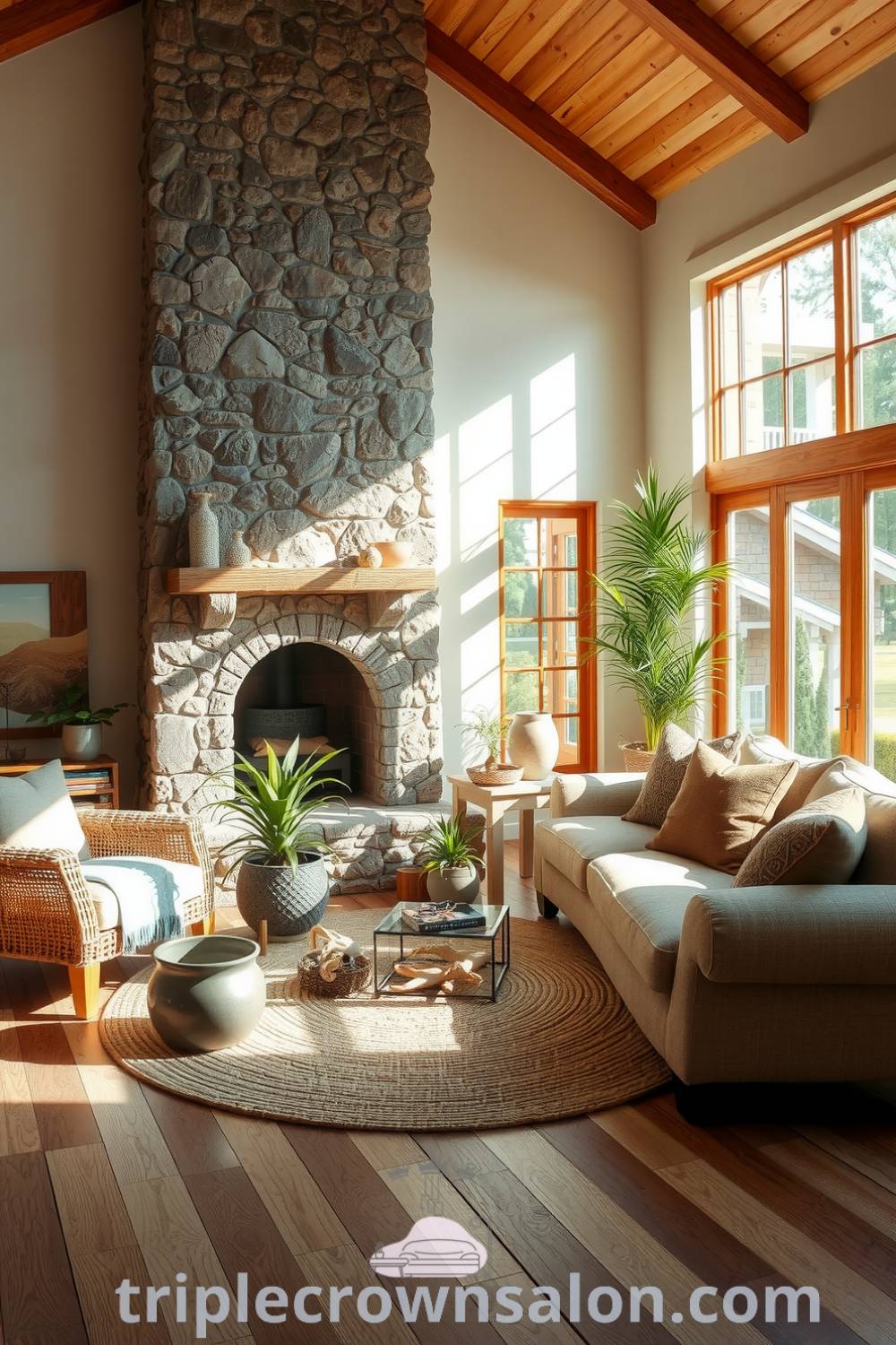 Cozy living room design with earthy tones, a stone fireplace, plush sofas, potted plants, and driftwood decor, creating an inviting and serene atmosphere, perfect for relaxation and connection with nature. Visit triplecrownsalon.com for more unique ideas.