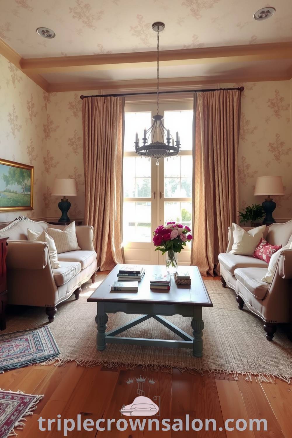 Cozy French living room featuring soft, creamy walls, vintage wallpaper, muted pastel sofas, heavy drapery, woven rugs, and a rustic wooden coffee table with books and flowers, showcasing cozy ideas and decor inspirations from triplecrownsalon.com.
