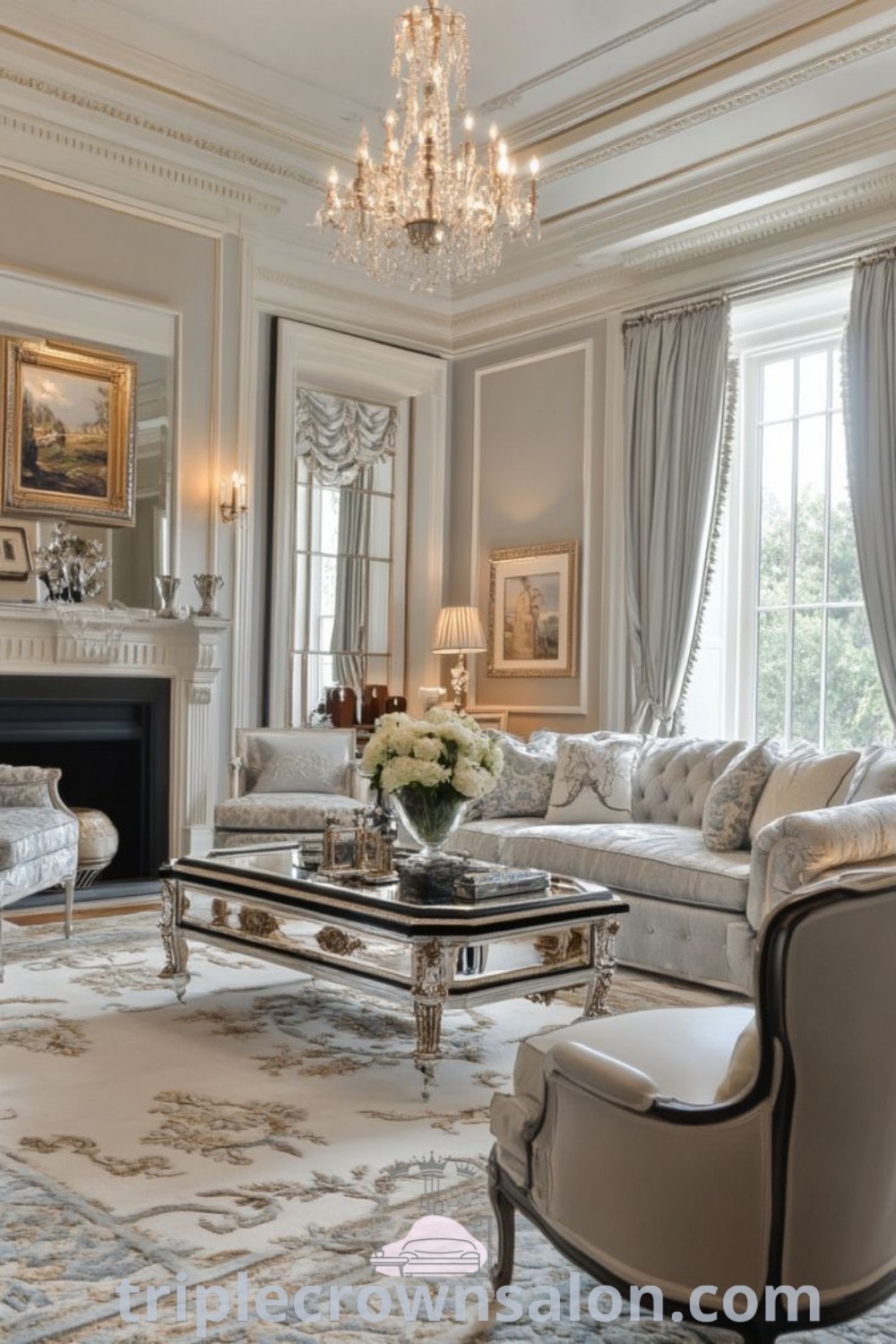 An elegant vintage living room featuring stylish furniture and a glamorous chandelier over a fireplace, showcasing luxurious interior design ideas. This inspiring decor provides unique ideas for your home, emphasizing a cozy aesthetic. Discover more decor inspirations at triplecrownsalon.com.