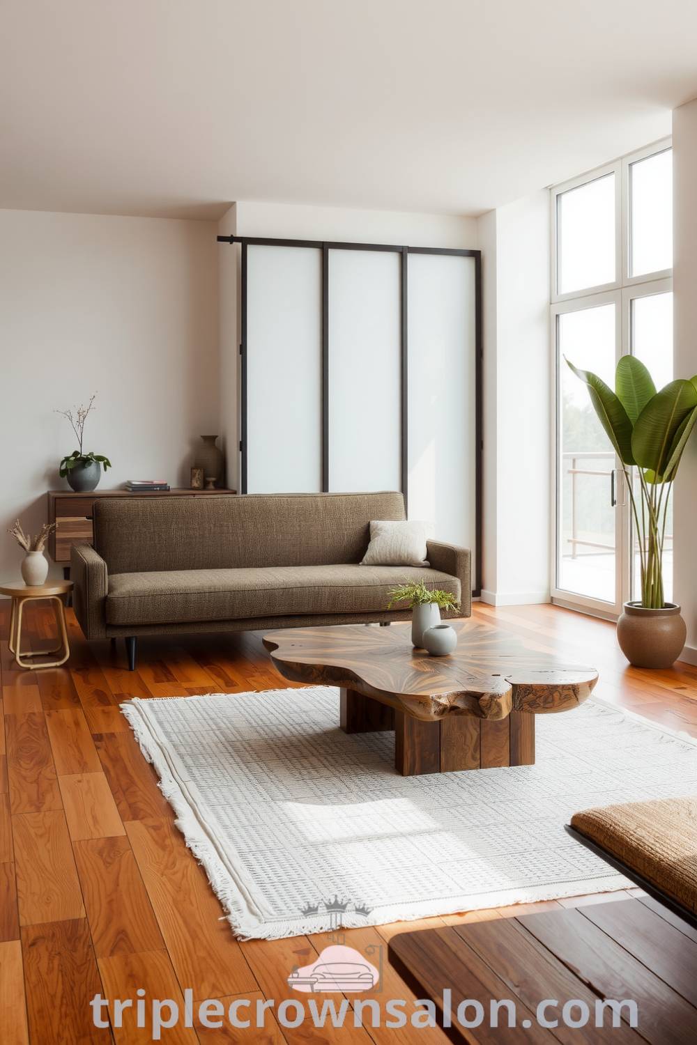 Warm Japandi living room featuring textured sofa, reclaimed wood coffee table, subtle greenery in ceramic pots, and large windows allowing natural light, creating a cozy and serene space perfect for relaxation and gatherings. For more design inspirations, visit triplecrownsalon.com.