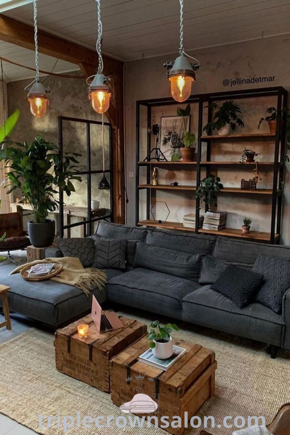 A modern rustic living room filled with cozy furniture, lots of plants, and stylish decor, showcasing unique ideas for small spaces. This inviting atmosphere integrates aesthetic living room features and rustic charm, providing several decor inspirations for apartments. Explore more ideas for your home at triplecrownsalon.com.