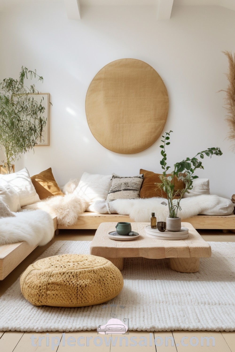 A stylish boho living room filled with eclectic furniture, warm textures, and a cozy fireplace, showcasing decor ideas that combine modern farmhouse and bohemian aesthetics. Discover unique ideas for your home at triplecrownsalon.com.