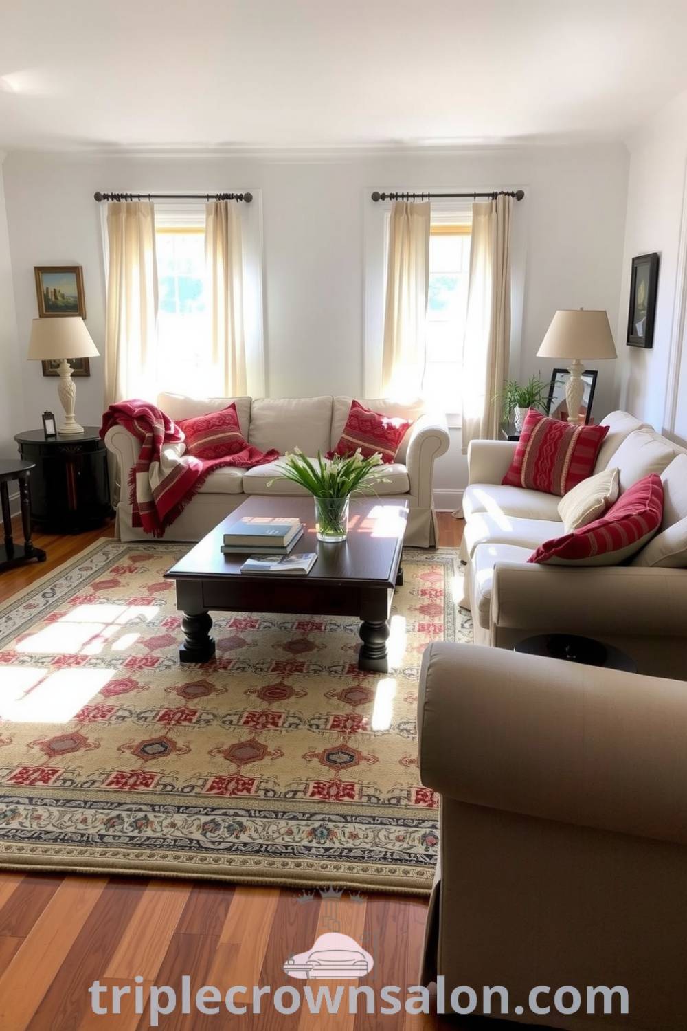 Cozy living room with soft white walls, overstuffed sofas, a textured rug, and sunlight filtering through sheer curtains, creating a welcoming atmosphere. Features decor ideas to inspire a unique and cozy home at fireplacesandwoodstoves.com.