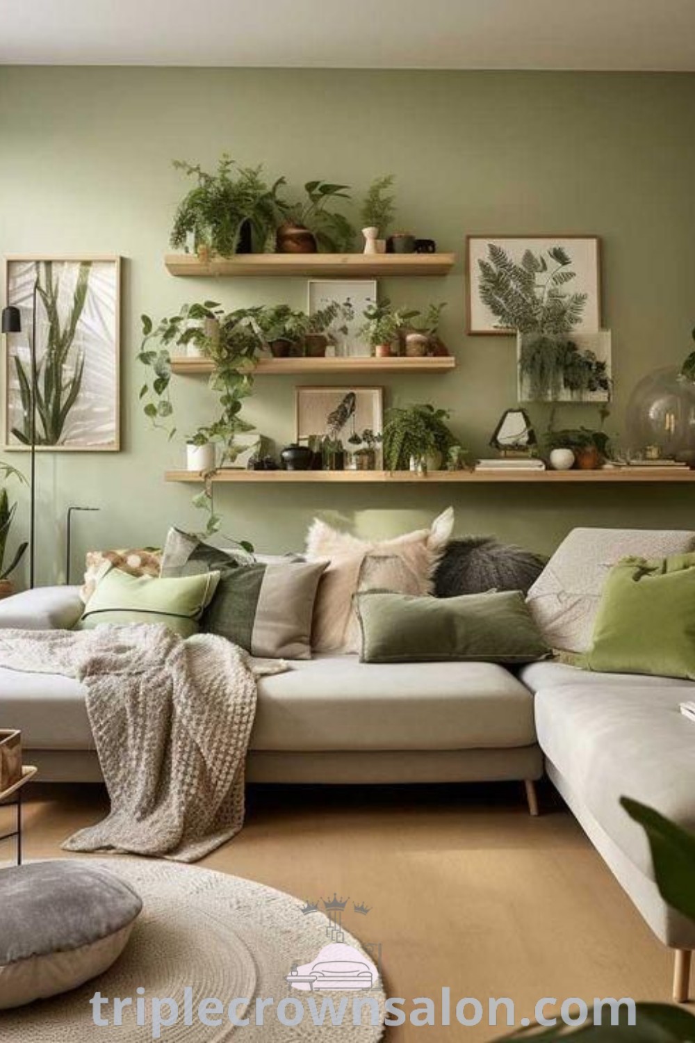 A vibrant green living room filled with stylish furniture and abundant plants on shelves above the couch. This inviting space showcases unique decor ideas, emphasizing an earthy aesthetic and cozy design for apartments. Discover more inspiring designs at triplecrownsalon.com.