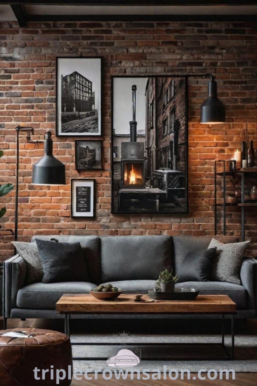 A modern industrial living room featuring brick walls and dark wood furniture, creating a cozy and inviting atmosphere. Discover unique decor ideas and inspiring design tips for your home at triplecrownsalon.com.