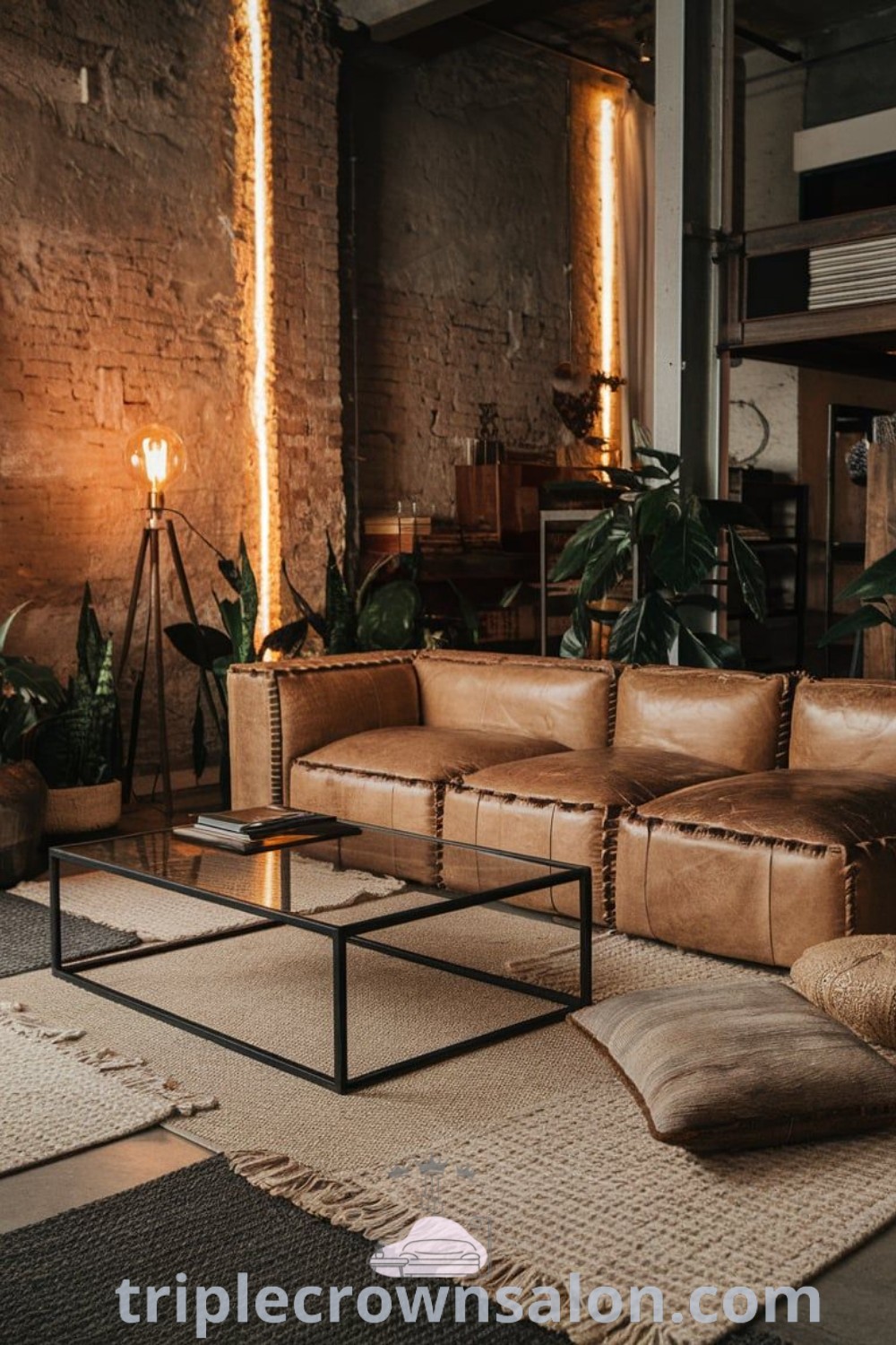 An industrial-style living room filled with furniture, a brick wall, and potted plants, showcasing unique decor ideas for small spaces and inspiring solutions for modern living. Explore more on triplecrownsalon.com.