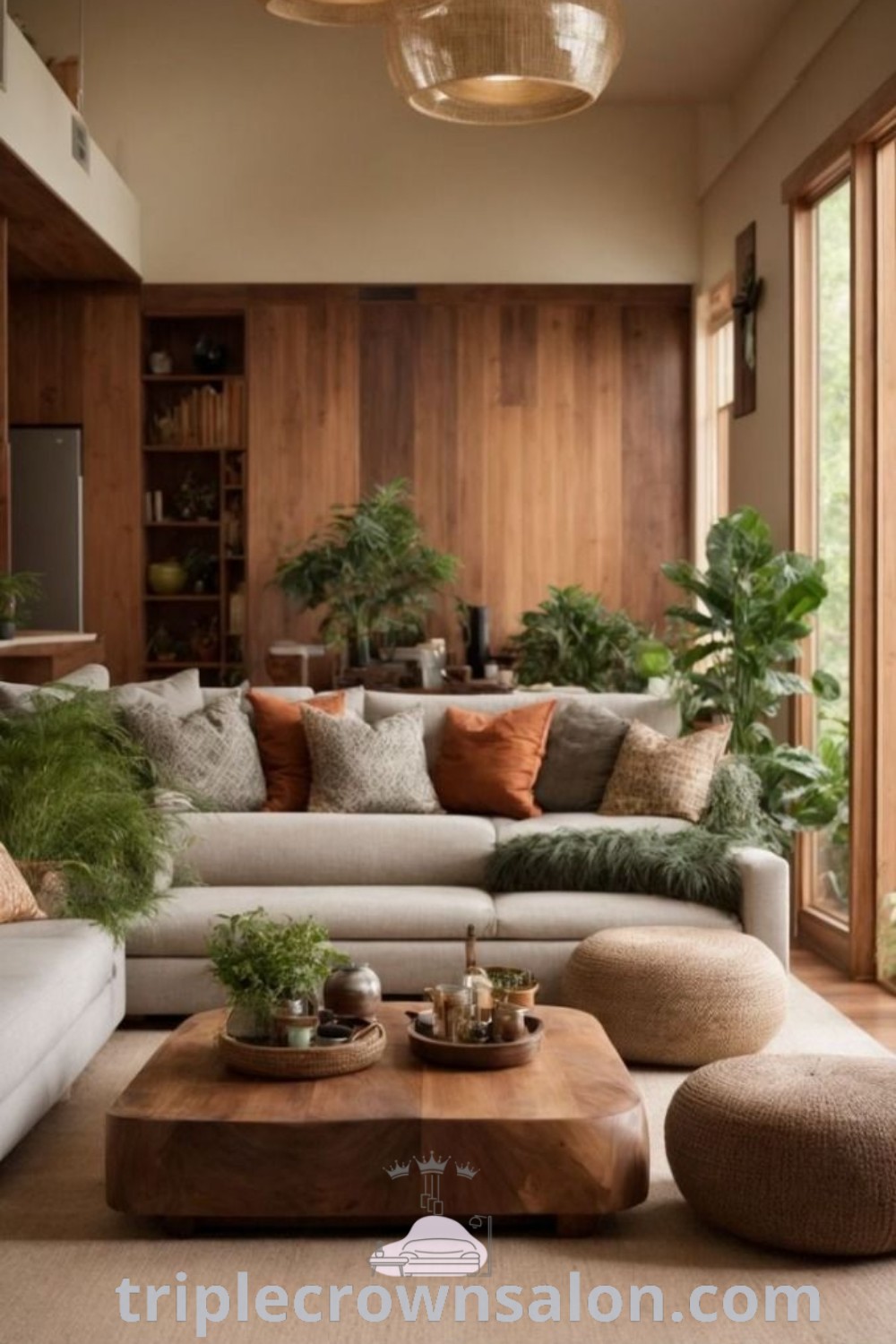 A warm earthy living room featuring a variety of furniture and abundant greenery, showcasing cozy design ideas and warm contemporary decor inspirations for unique interior styles. Discover more creative inspirations at triplecrownsalon.com.