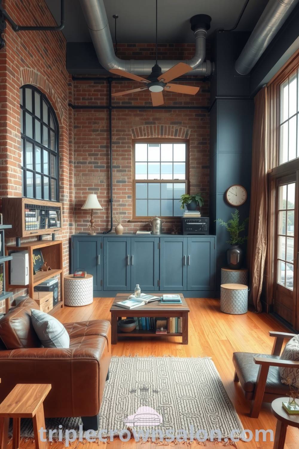 Cozy industrial living room with exposed brick walls, vintage metal accents, blue tones, salvaged wood furniture, and a leather sofa, showcasing cozy ideas and decor inspirations for your home at triplecrownsalon.com.