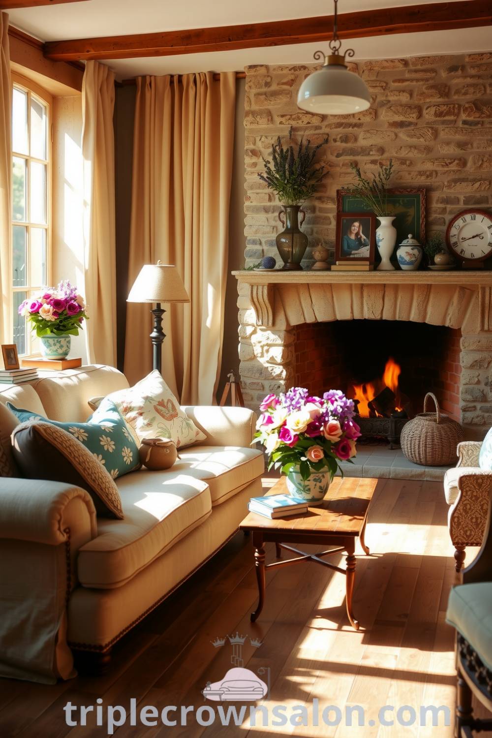 Cozy French living room with sunlight filtering through linen curtains, a plush sofa with patterned cushions, a rustic stone fireplace, porcelain vases with fresh blooms, and an antique coffee table, offering cozy ideas and decor inspirations for a warm and inviting home at triplecrownsalon.com.