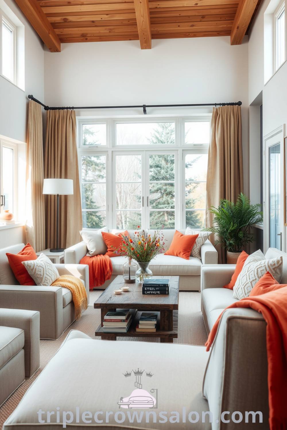 Scandinavian living room featuring warm orange accents, neutral walls and furnishings, a large inviting sofa with textured pillows, natural light from wide windows, reclaimed wood coffee table with books and wildflowers, reflecting cozy decor ideas for your home; visit triplecrownsalon.com for unique inspirations.