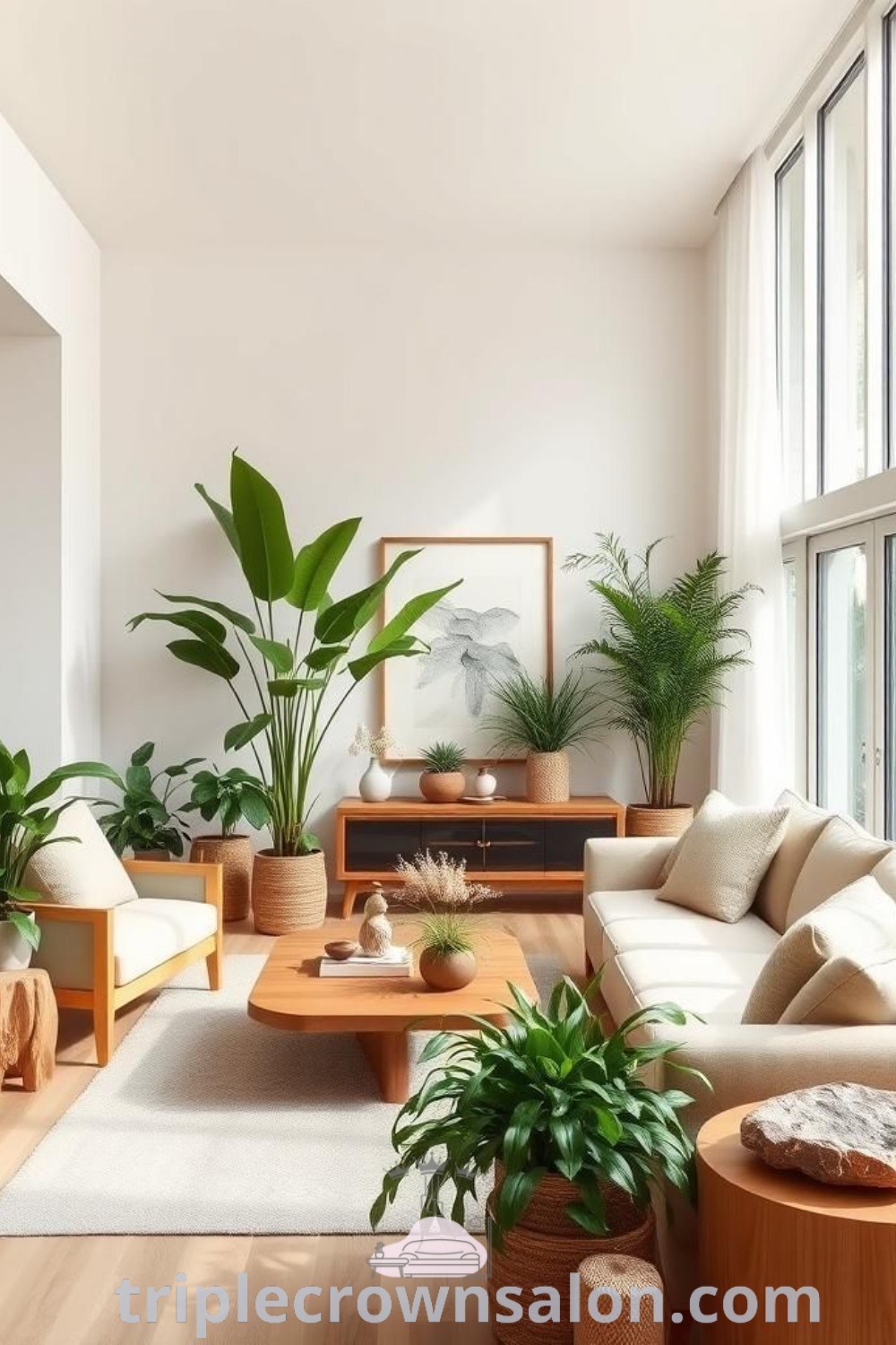 A biophilic home office filled with plants and furniture atop wooden flooring, showcasing unique ideas for cozy decor and design inspirations. This inviting space emphasizes naturalistic design and biophilic decor principles, perfect for enhancing your workspace. Discover more decor ideas at triplecrownsalon.com.