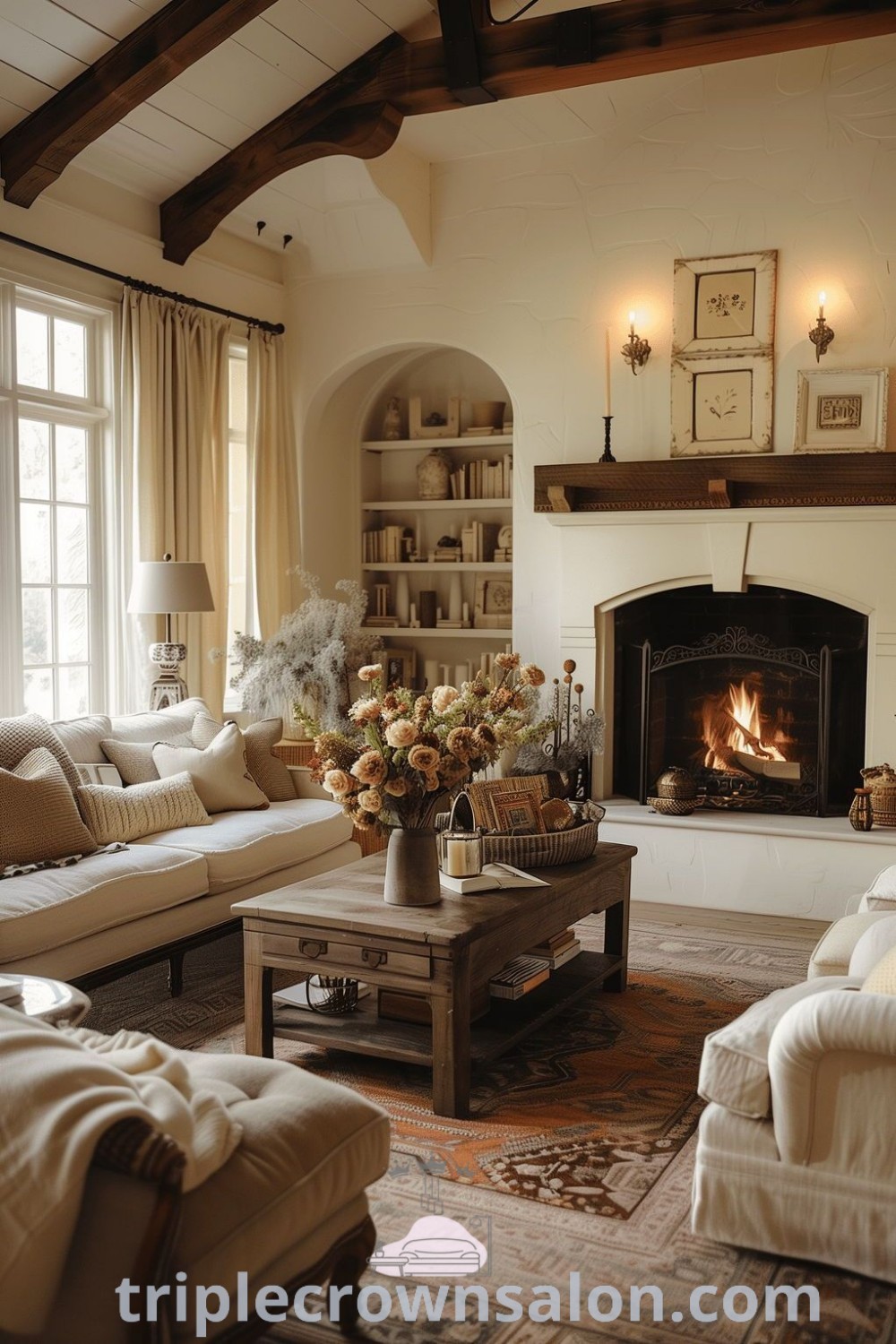 A cozy living room filled with furniture and a central fireplace, showcasing rustic and modern decor ideas for a warm and inviting atmosphere. Perfect for cottage living, it provides unique design inspirations and tips for creating a cozy home environment. Discover more ideas at triplecrownsalon.com.
