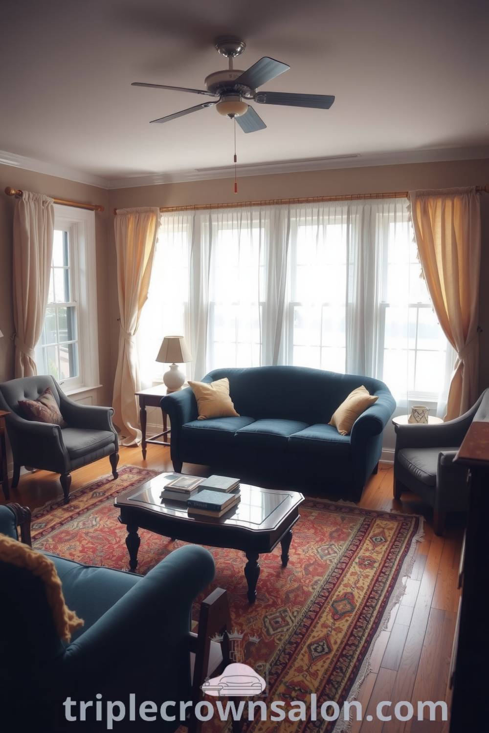 Classic living room with a deep blue couch, mismatched armchairs, and a warm hardwood floor adorned with a rich area rug, featuring a coffee table piled with books, creating a cozy and inviting atmosphere. Explore more cozy ideas at fireplacesandwoodstoves.com.