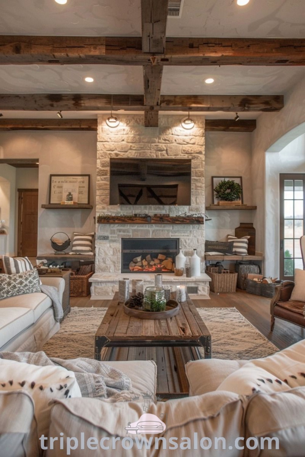A cozy rustic farmhouse living room featuring reclaimed wood, soft textiles, and inviting decor elements that create a warm atmosphere. This space inspires modern country living and offers cozy ideas for your home. Discover more unique decor inspirations at triplecrownsalon.com.