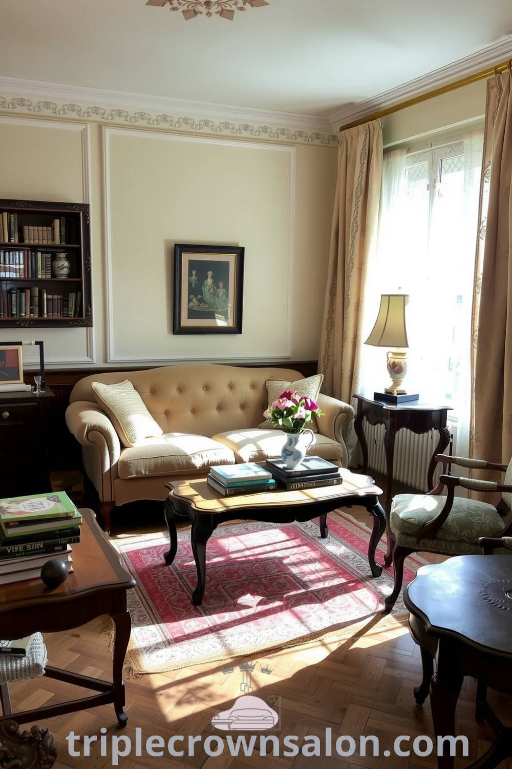 French living room with soft cream walls, antique furniture, plush velvet sofa, wooden coffee table, lace curtains, and fresh flowers, showcasing cozy decor ideas for an inviting home atmosphere. Visit triplecrownsalon.com for more inspiring ideas for your home.