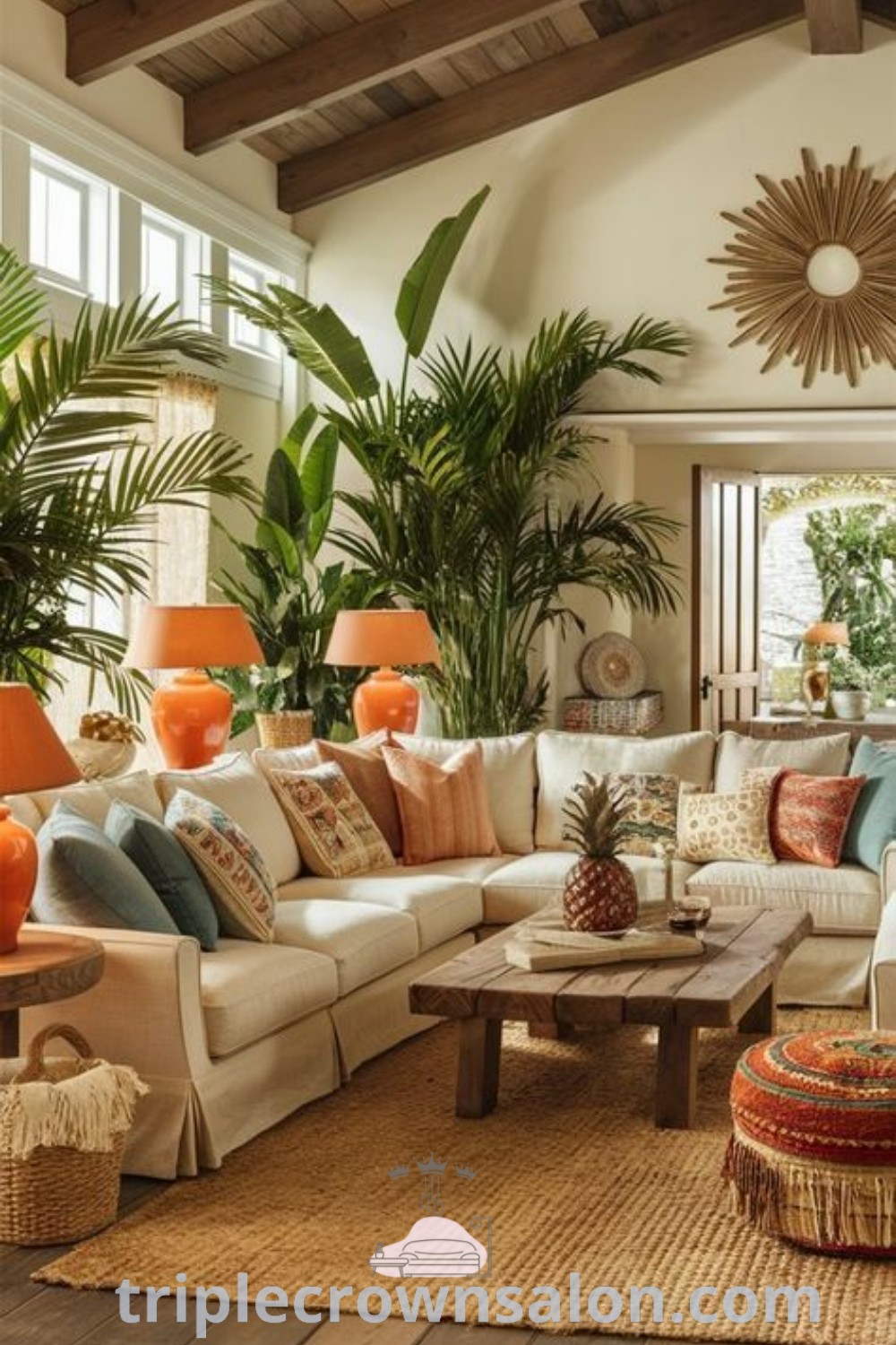 A vibrant tropical living room filled with lush plants and cozy furniture, showcasing a beige color sofa and bright earthy tones. This inspiring decor creates a refreshing atmosphere, perfect for cozy ideas and tropical interior design. Explore more unique ideas at triplecrownsalon.com.
