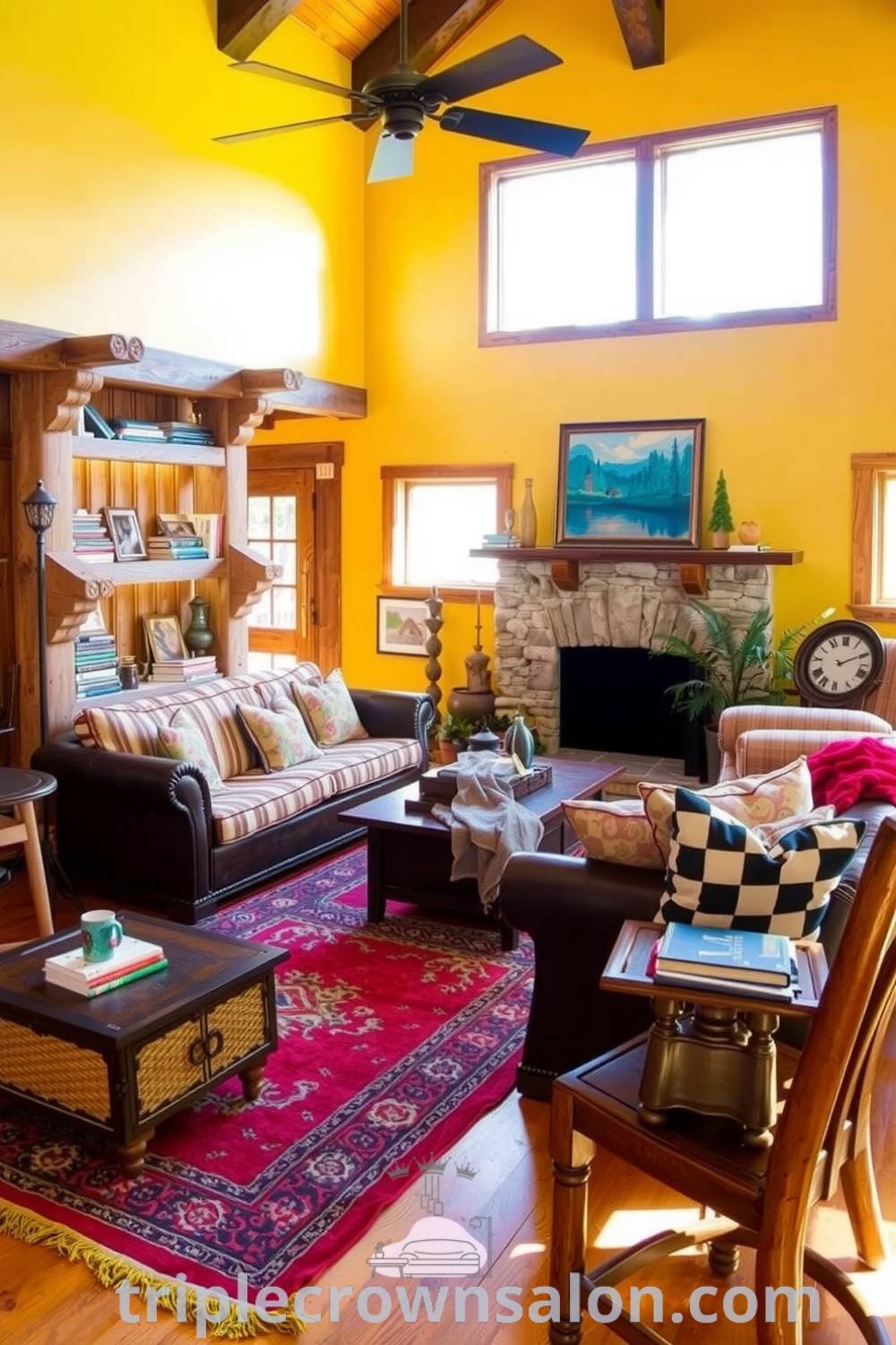 Cozy rustic living room with warm yellow walls, weathered wooden furniture, stacked stone fireplace, handwoven rug, patchwork pillows on the sofa, and vintage wooden shelves filled with books and trinkets. Ideal decor inspirations for a cozy home at triplecrownsalon.com.