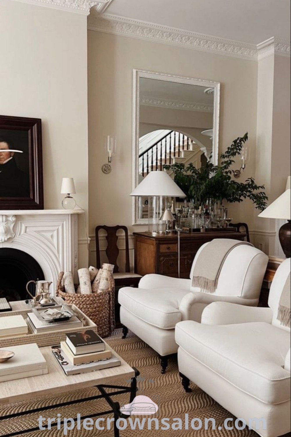 A cozy classic living room with elegant furniture, a fireplace, and a painting on the wall, designed with mirror and sconces for enhanced decor. This space offers inspirations for cream living rooms and formal living room aesthetics, showcasing design ideas for a warm and inviting home. Explore more decor ideas at wellnesswink.com.