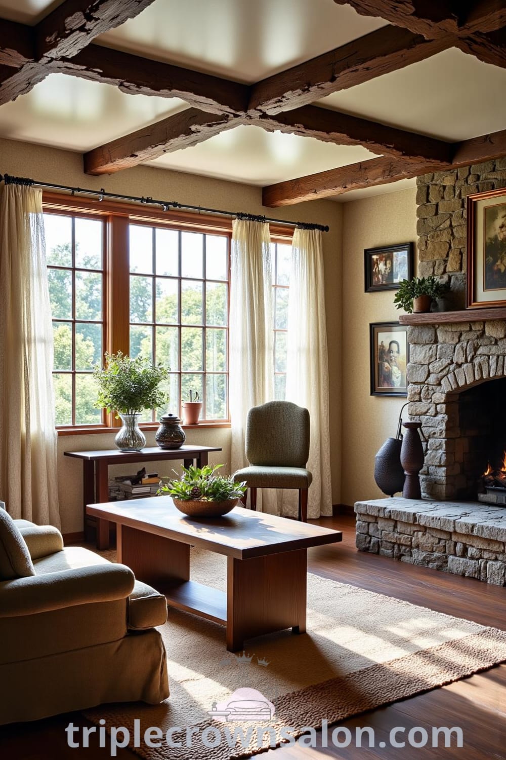 Rustic living room featuring a sturdy wooden coffee table, plush armchairs, lace curtains, family photos, and a cozy stone fireplace, offering design ideas that inspire warmth and comfort for your home at fireplacesandwoodstoves.com.