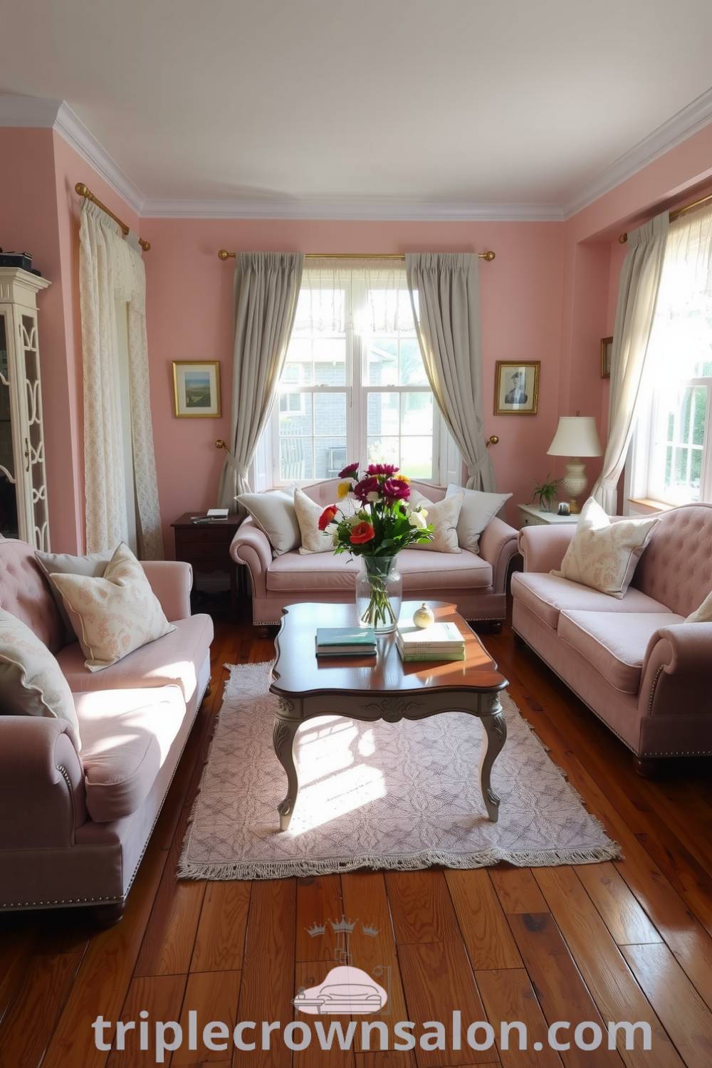 Cozy pink living room featuring oversized sofas with patterned throw pillows, a rustic hardwood floor, lace curtains fluttering in sunlight, a vintage coffee table with books and fresh flowers, creating a warm and inviting atmosphere; for more cozy ideas, visit fireplacesandwoodstoves.com.