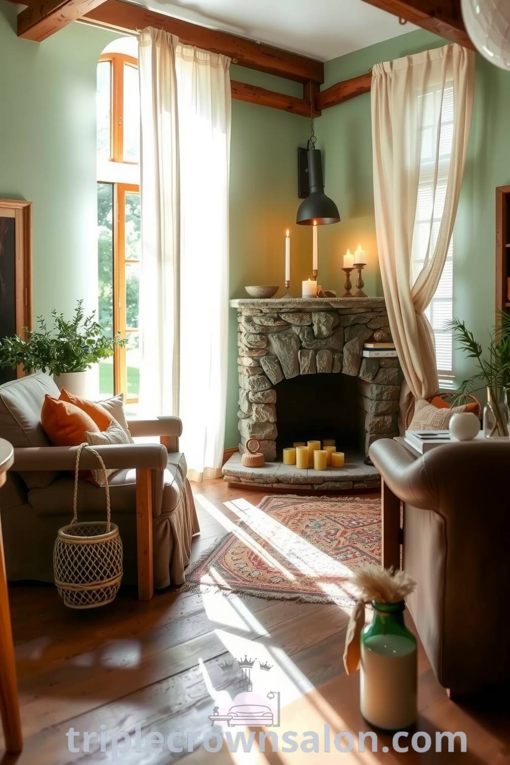 Cozy rustic living room with soothing green and ochre tones, weathered wooden furniture, stone fireplace with flickering candles, and a handwoven rug, providing unique decor ideas for your home at fireplacesandwoodstoves.com.