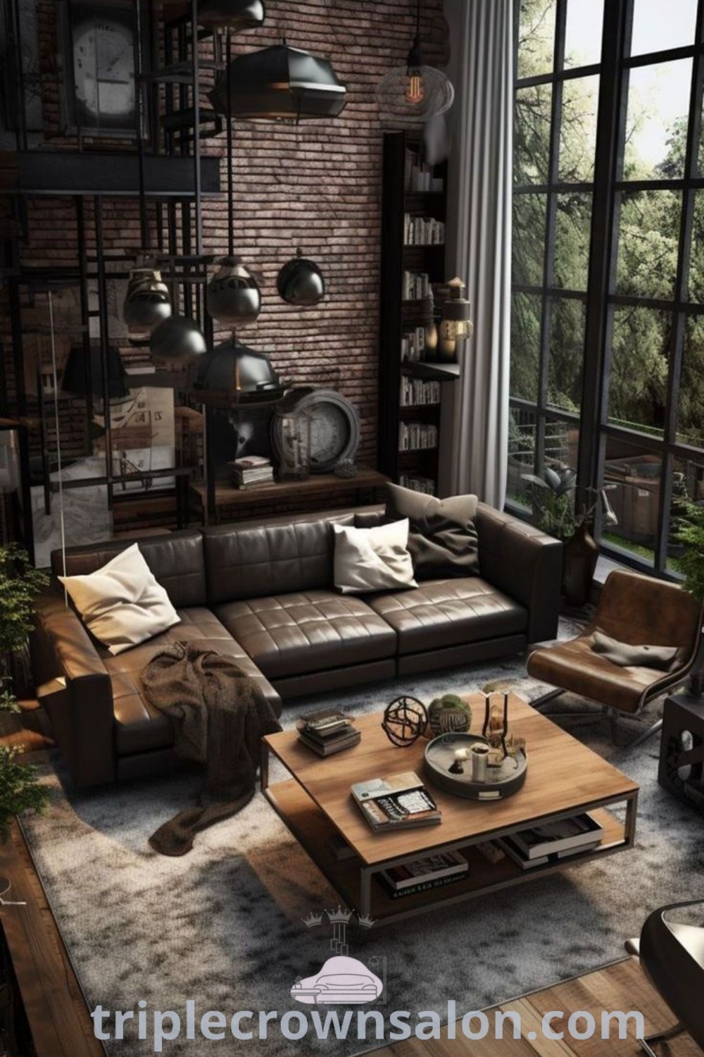 A stylish masculine living room featuring industrial design elements, large windows, and inviting decor, embodying bachelor pad decor and the latest decorating trends. Explore these cozy ideas for your home on triplecrownsalon.com.