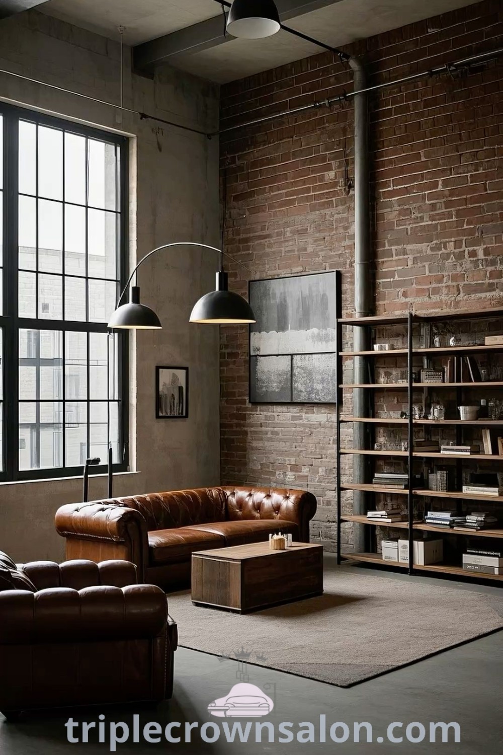 An industrial living room featuring brick walls, leather furniture, and floor-to-ceiling bookshelves, highlighting modern loft interiors. This cozy space provides unique ideas for hobbyists and professionals, blending design trends with an inviting atmosphere. Explore more decor ideas at triplecrownsalon.com.