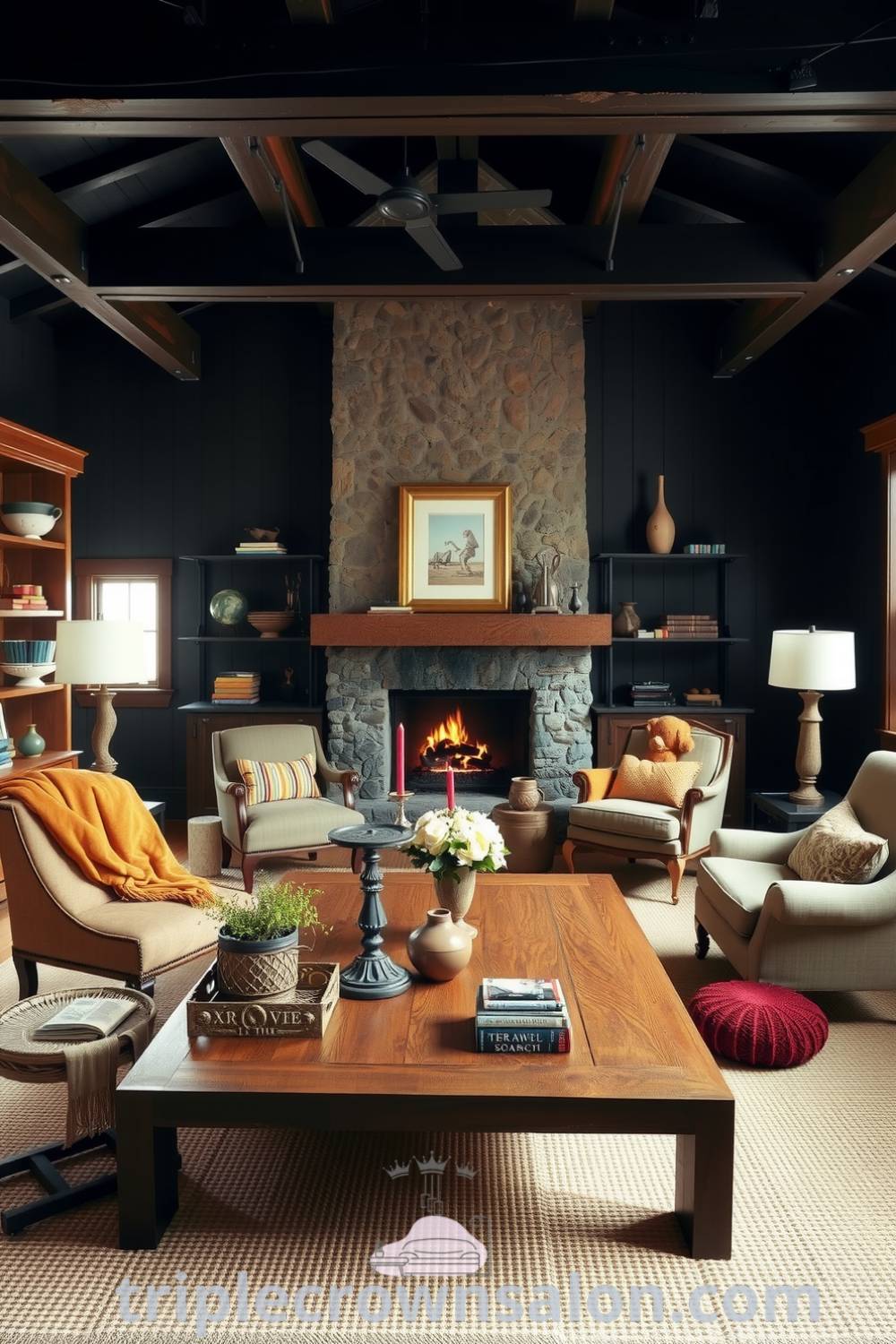 Cozy rustic living room with dark walls, wooden beams, a weathered coffee table, and mismatched chairs, featuring a stone fireplace and vintage decor elements for a warm and inviting atmosphere, showcased on fireplacesandwoodstoves.com.