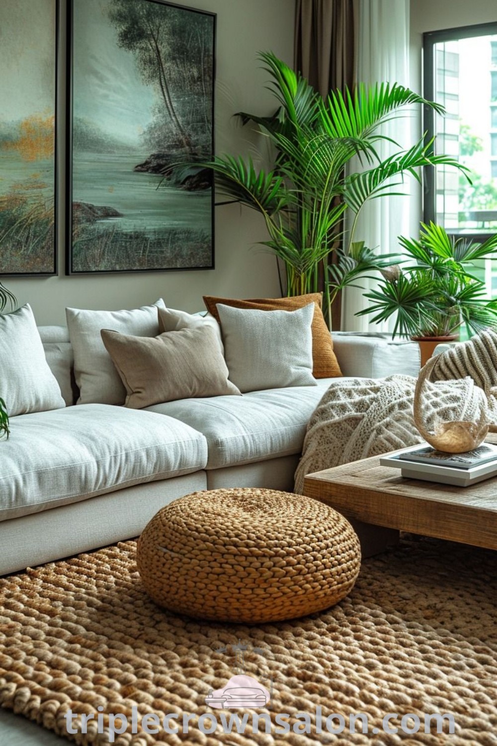 A modern boho apartment decor showcasing a cozy and inviting living room filled with furniture and plants, exemplifying unique ideas for small spaces and hall interior design. Discover design tips and decor inspirations for your home at triplecrownsalon.com.