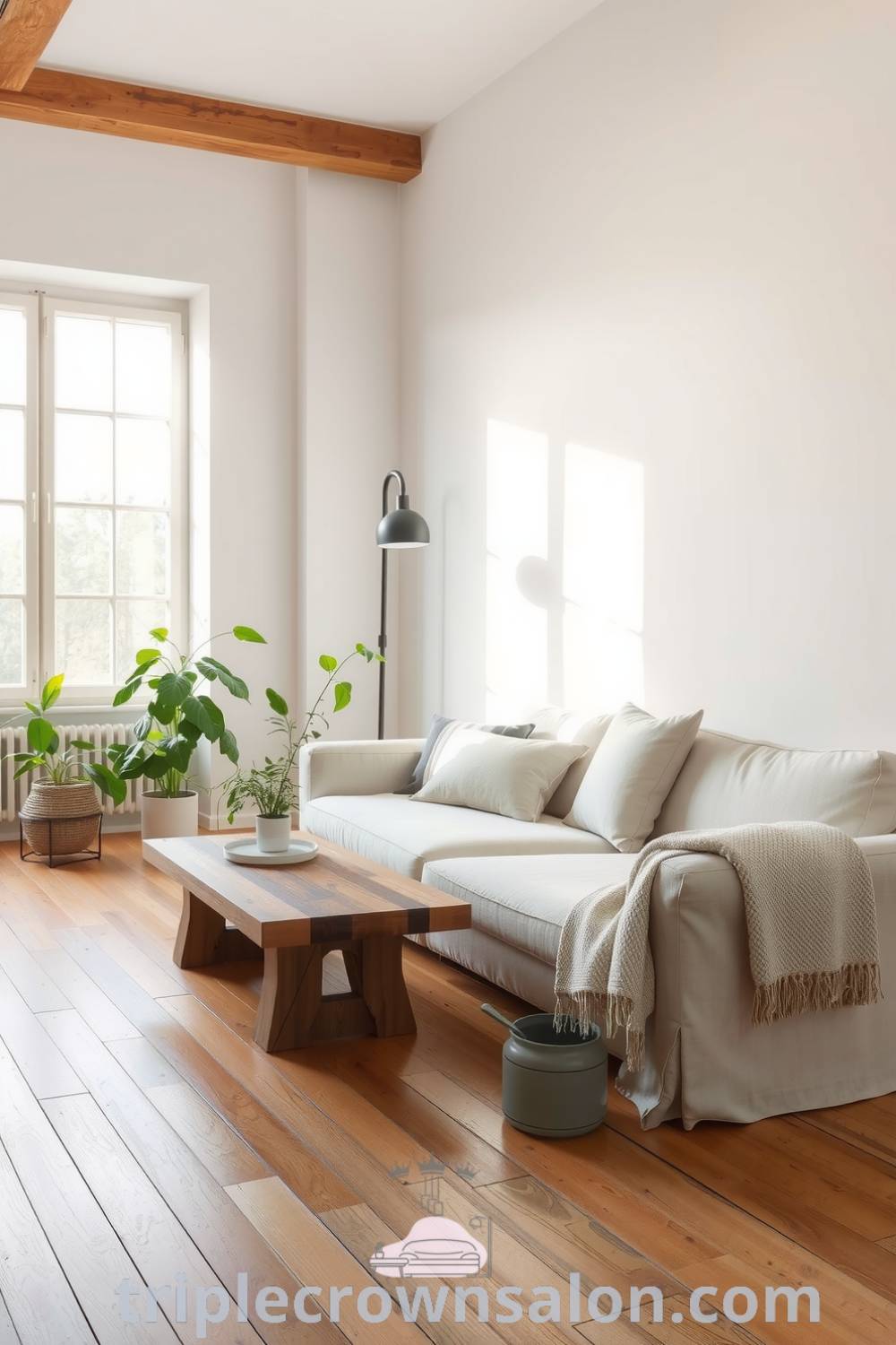 Scandinavian living room featuring soft white walls, neutral textiles over a simple sofa, natural wood floors, potted green plants, and a cozy throw blanket, creating a bright, inviting, and warm atmosphere. Visit triplecrownsalon.com for more cozy home design ideas and decor inspirations.