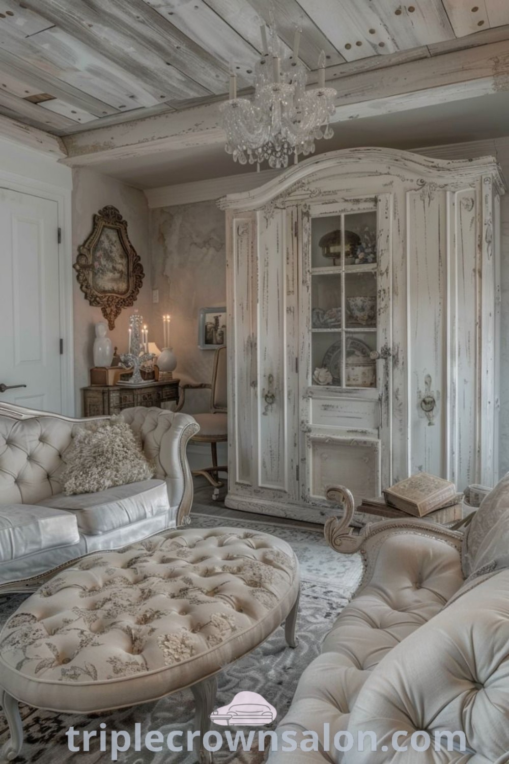 A cozy boho farmhouse living room featuring chic couches, a stylish chandelier, and a white cabinet. This decor inspires rustic glam and warm aesthetics, perfect for anyone seeking ideas for their home. Explore more inspiring decor ideas at triplecrownsalon.com.
