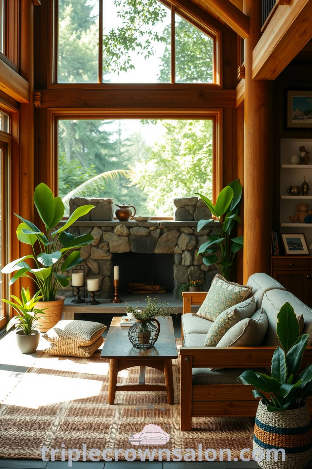 Nature-inspired living room featuring wooden furniture, stone accents, large windows, plush cushions in muted colors, vibrant potted plants, and a woven rug, creating a cozy aesthetic perfect for relaxation and inspiration at home. For more ideas, visit triplecrownsalon.com.