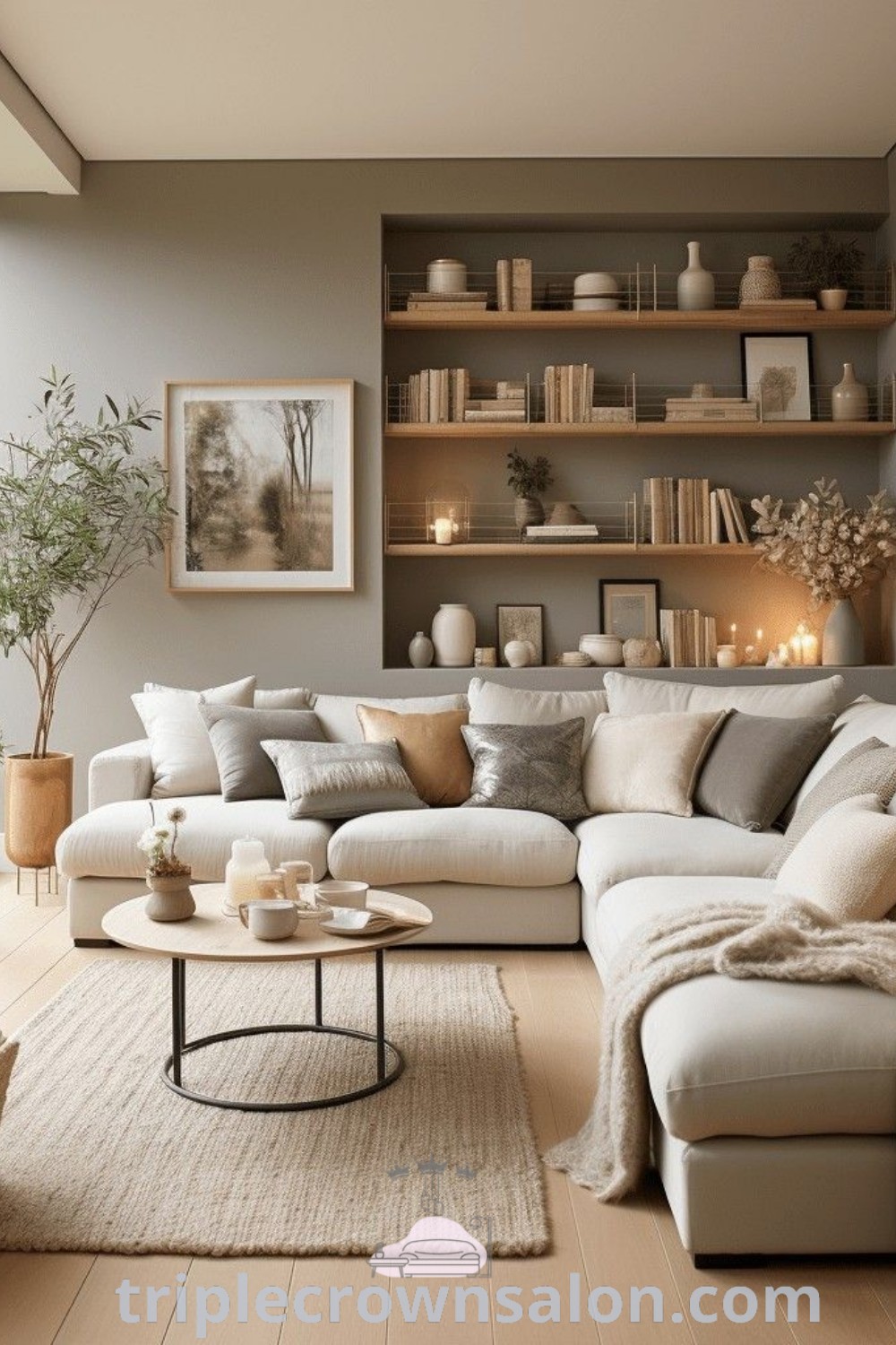 A cozy beige living room filled with furniture next to a large glass window adorned with candles, showcasing warm decor ideas for small spaces and living room designs. This inviting setup offers inspiring ideas for your home, emphasizing cozy aesthetics and unique decor inspirations. Explore more designs at triplecrownsalon.com.