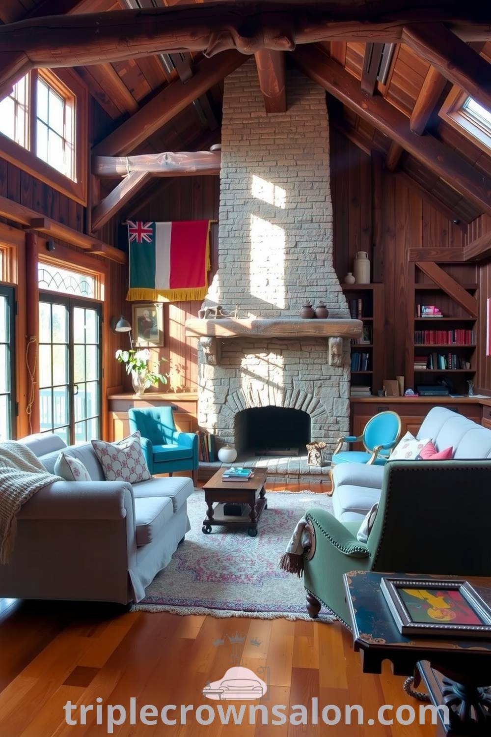 Rustic living room featuring rich brown wooden beams, a rough-hewn stone fireplace, mismatched vintage furniture adorned with cozy throws, and natural light streaming through large wavy glass windows, creating a cozy aesthetic perfect for inspiration at triplecrownsalon.com.