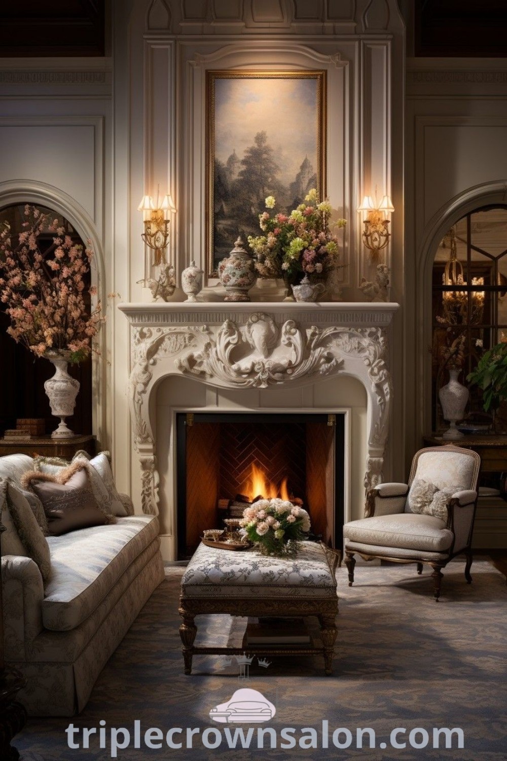 A cozy maximalist living room featuring a Victorian fireplace, fancy fireplace mantels, and traditional design elements, showcasing vibrant decor ideas that inspire luxury and comfort. Find more inspiring decor ideas for your home at triplecrownsalon.com.