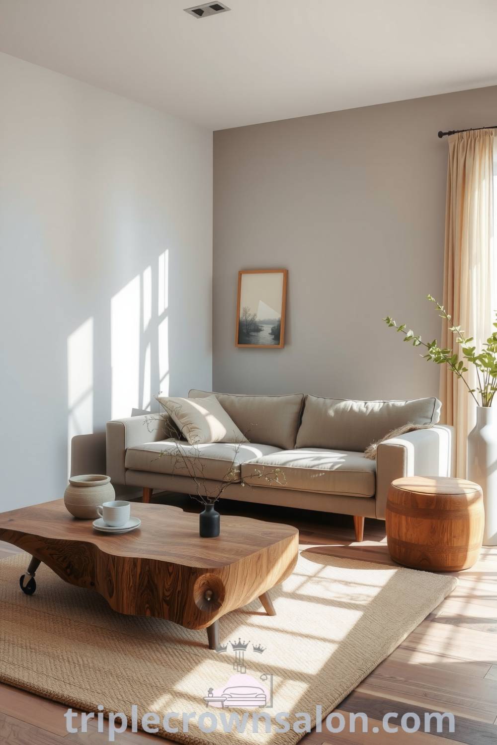 Softly lit Japandi living room with grey walls, organic and minimalist furnishings, low wooden coffee table, plush sofa, ceramic vases, leafy plants, and sunlight filtering through sheer curtains, creating a serene and cozy aesthetic for home inspiration. Visit triplecrownsalon.com for more cozy design ideas.