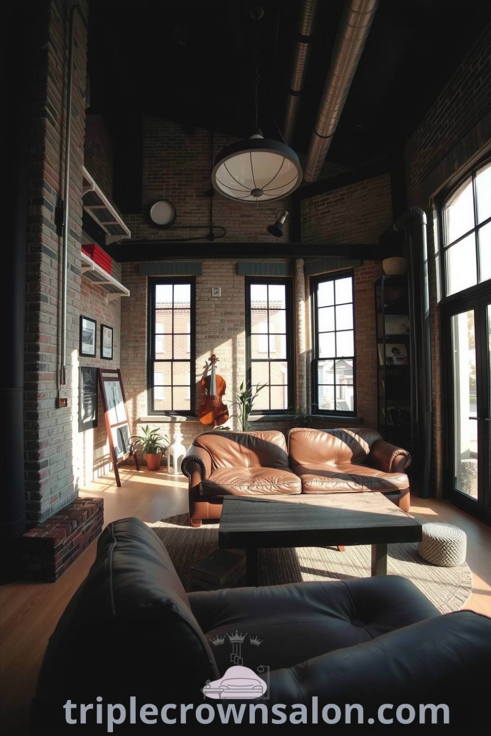 Cozy industrial living room featuring black metal accents, weathered brick walls, an oversized leather sofa, and a reclaimed wood coffee table, enhancing the cozy aesthetic and inviting atmosphere, perfect for design ideas and inspirations for your home at triplecrownsalon.com.